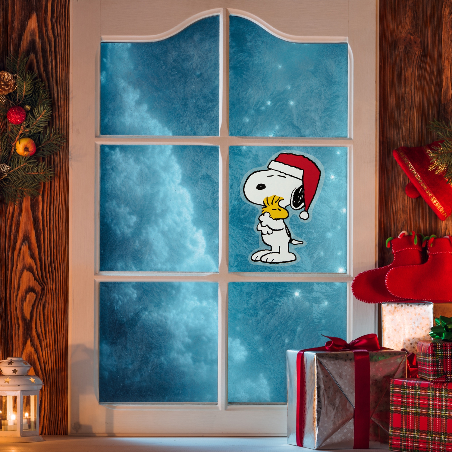 Peanuts Snoopy Hugs Woodstock Double Sided Christmas Window Cling Decoration - 7"