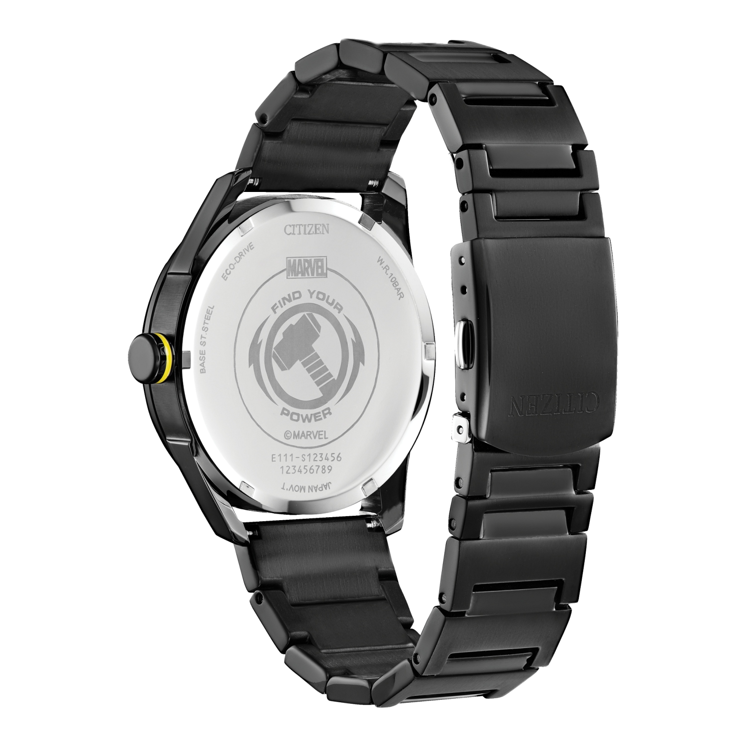 Marvel Mens Thor Japanese Eco-Drive Watch 42mm Black Stainless Steel Case and Bracelet with Black Dial