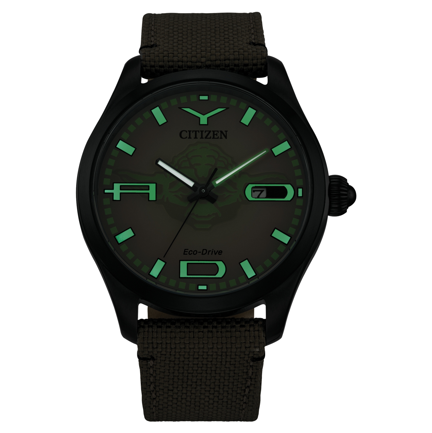 Montre pour homme Yoda japonais Eco-Drive 42&nbsp;mm de Star Wars, boîtier inox noir, bracelet nylon beige, cadran brun