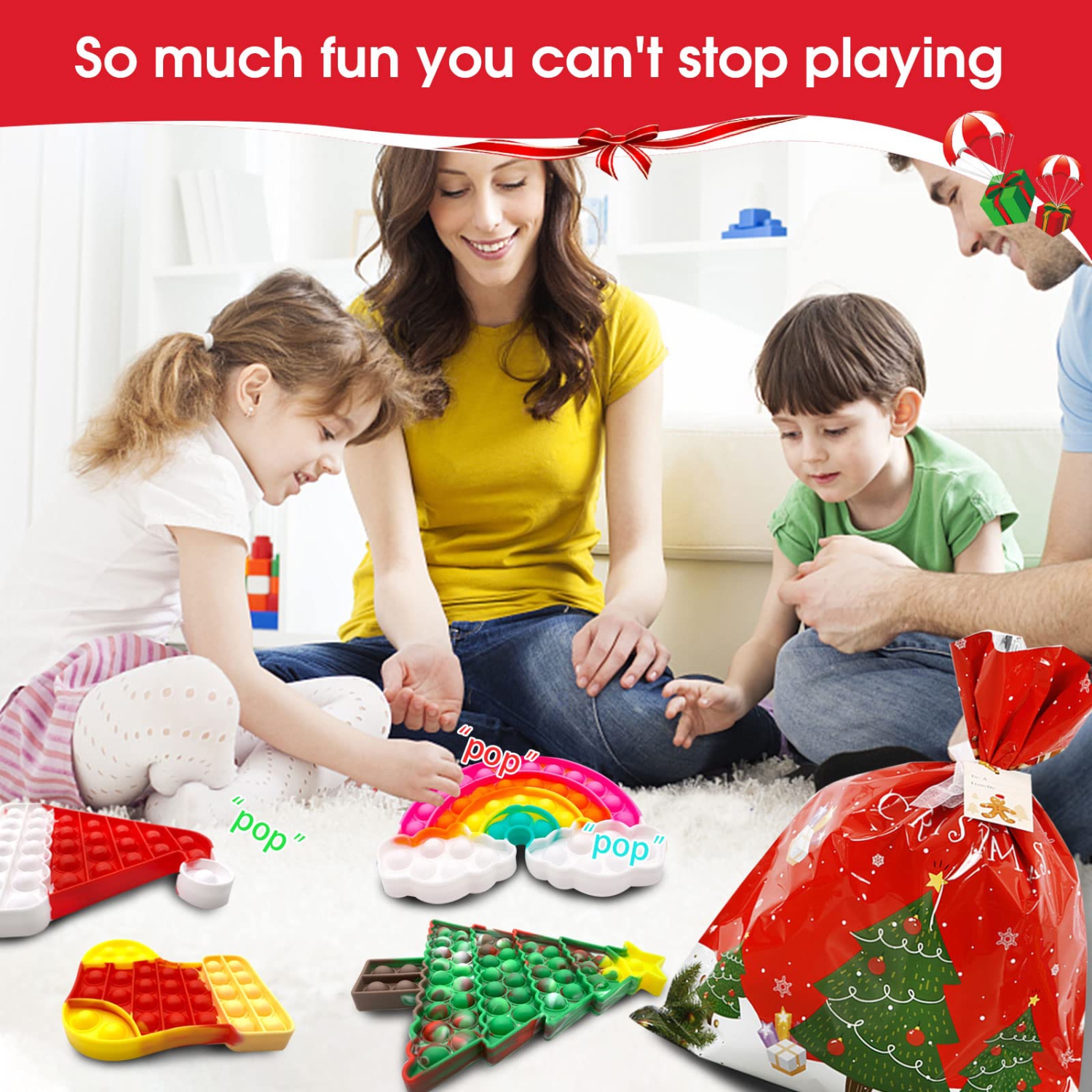 Ensemble de 12 jouets Pop Fidget de Noël, jouets à thème de bulles, jouets antistress en silicone pour soulager l’autisme, sac de butin de Noël