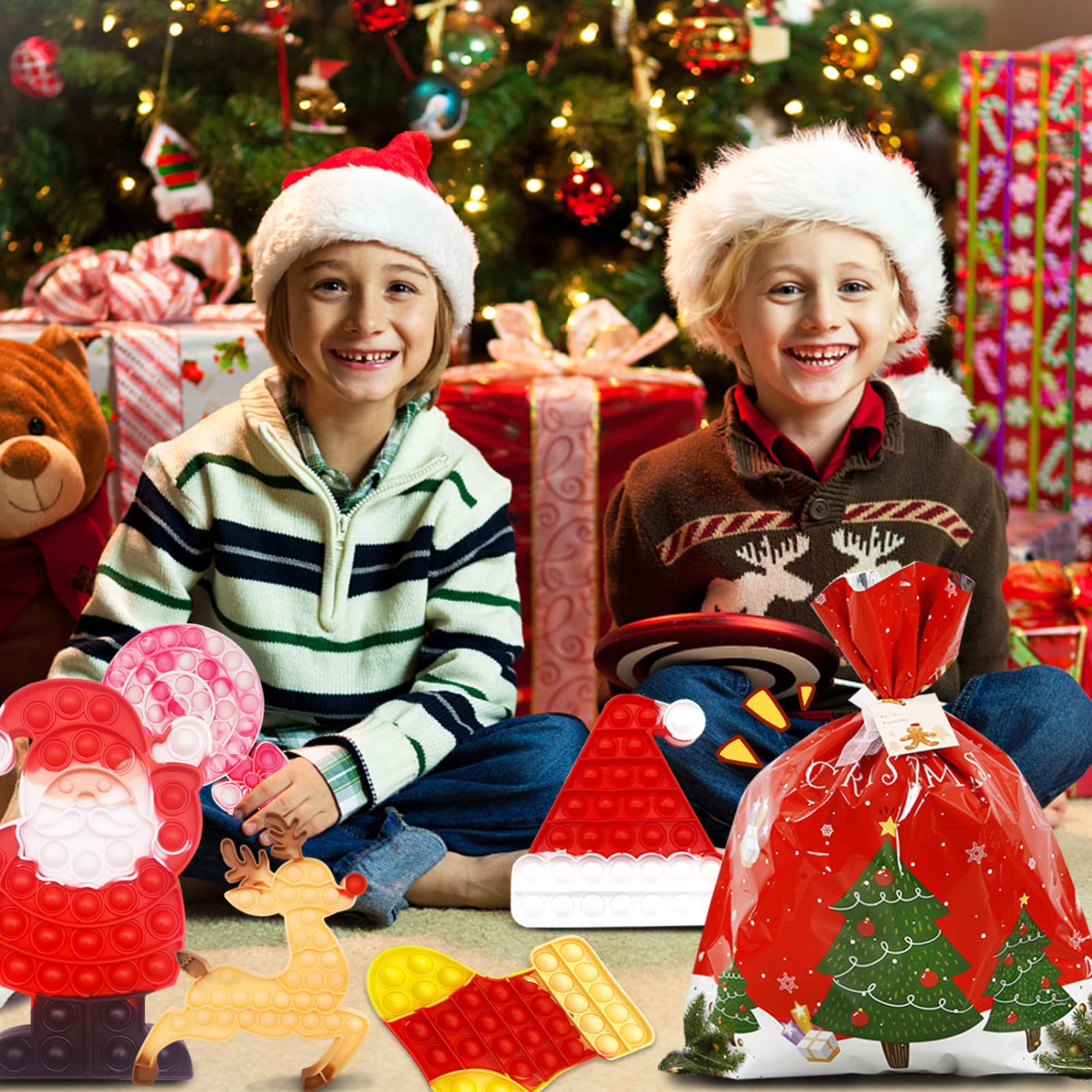 Ensemble de 12 jouets Pop Fidget de Noël, jouets à thème de bulles, jouets antistress en silicone pour soulager l’autisme, sac de butin de Noël