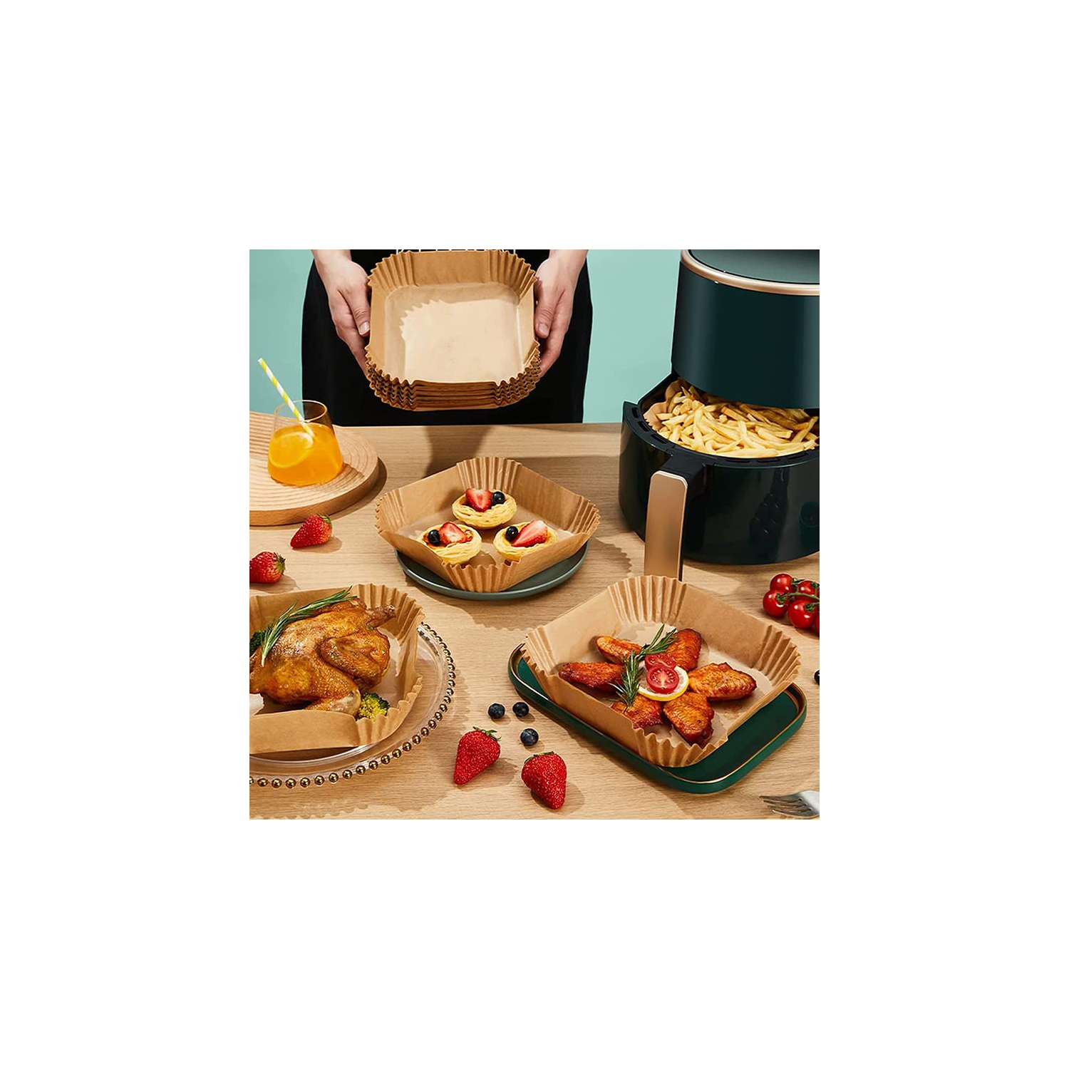 Air Fryer Disposable Paper Liners 9 inch Square, for 6QT-10QT Air Fryer Microwave Oven Frying Pan,100PCS Large Parchment Pap