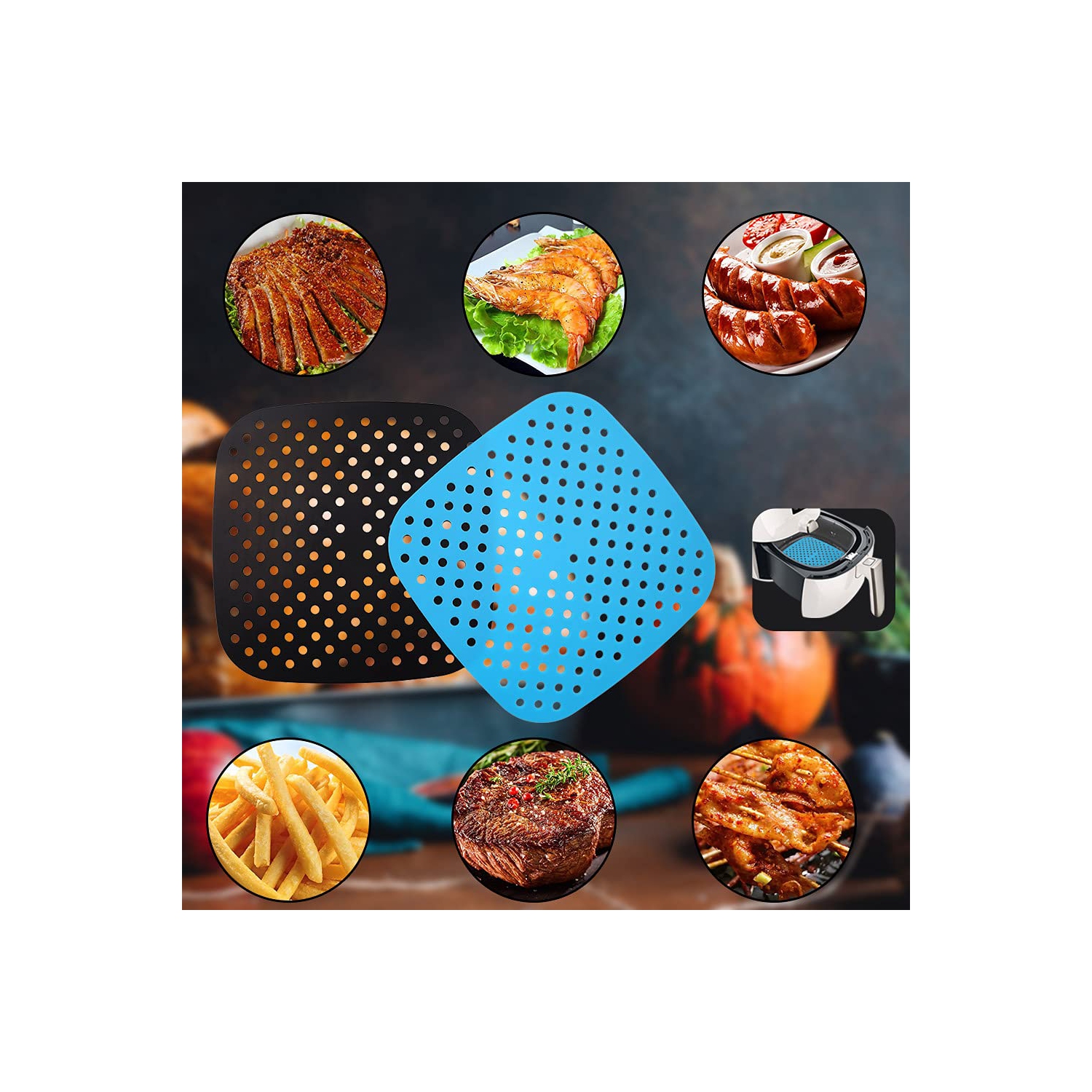 2 doublures réutilisables fritteuse à air chaud, tapis de panier carré en silicone fritteuse à air chaud de 8.5 po, accessoires fritteuse à air chaud