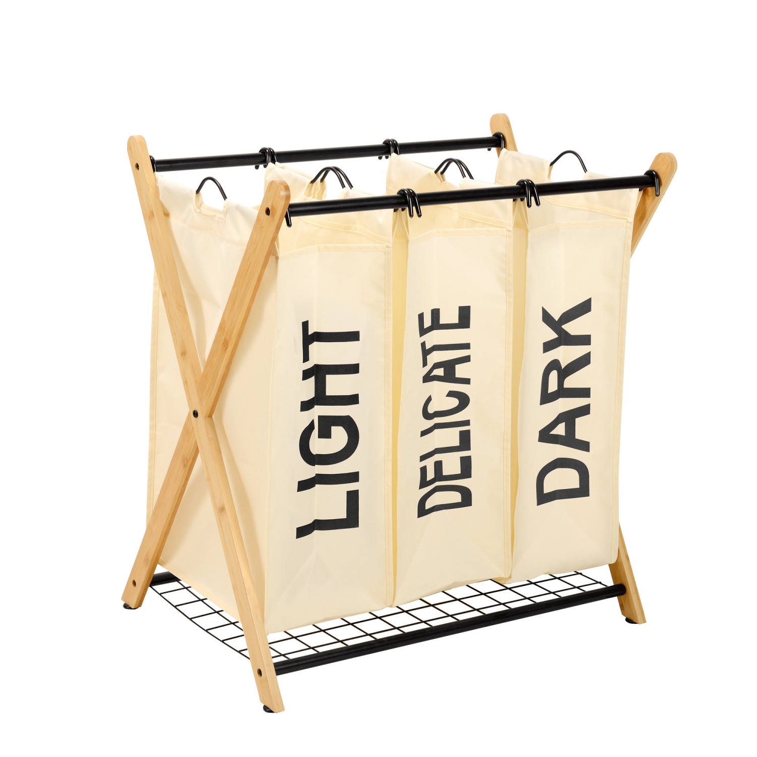 Oceanstar – panier de tri à lessive en bambou à 3 sacs avec cadre en X, blanc