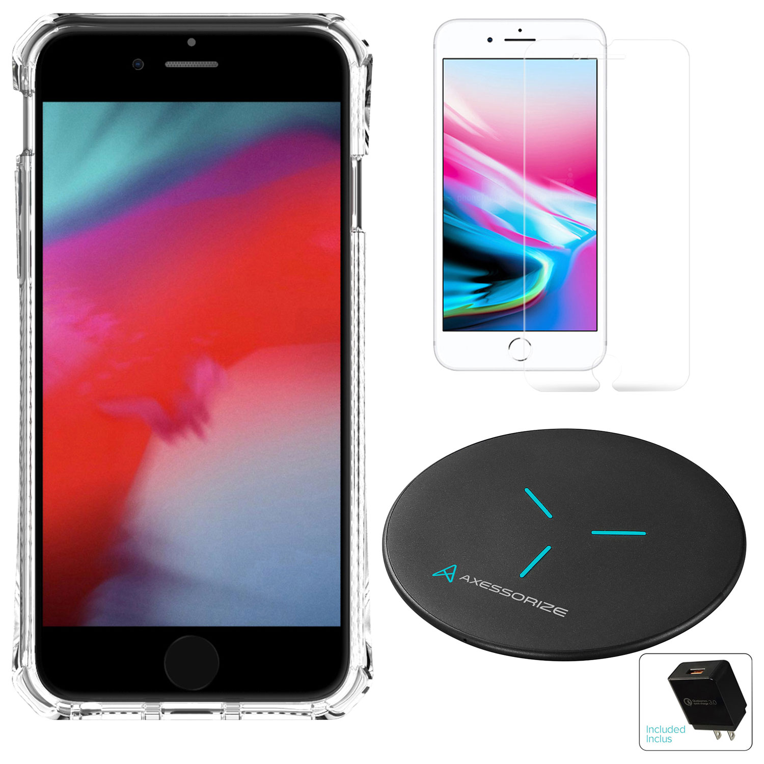 Axessorize Essential Bundle with Case, Screen Protector & Wireless Charger for iPhone 8