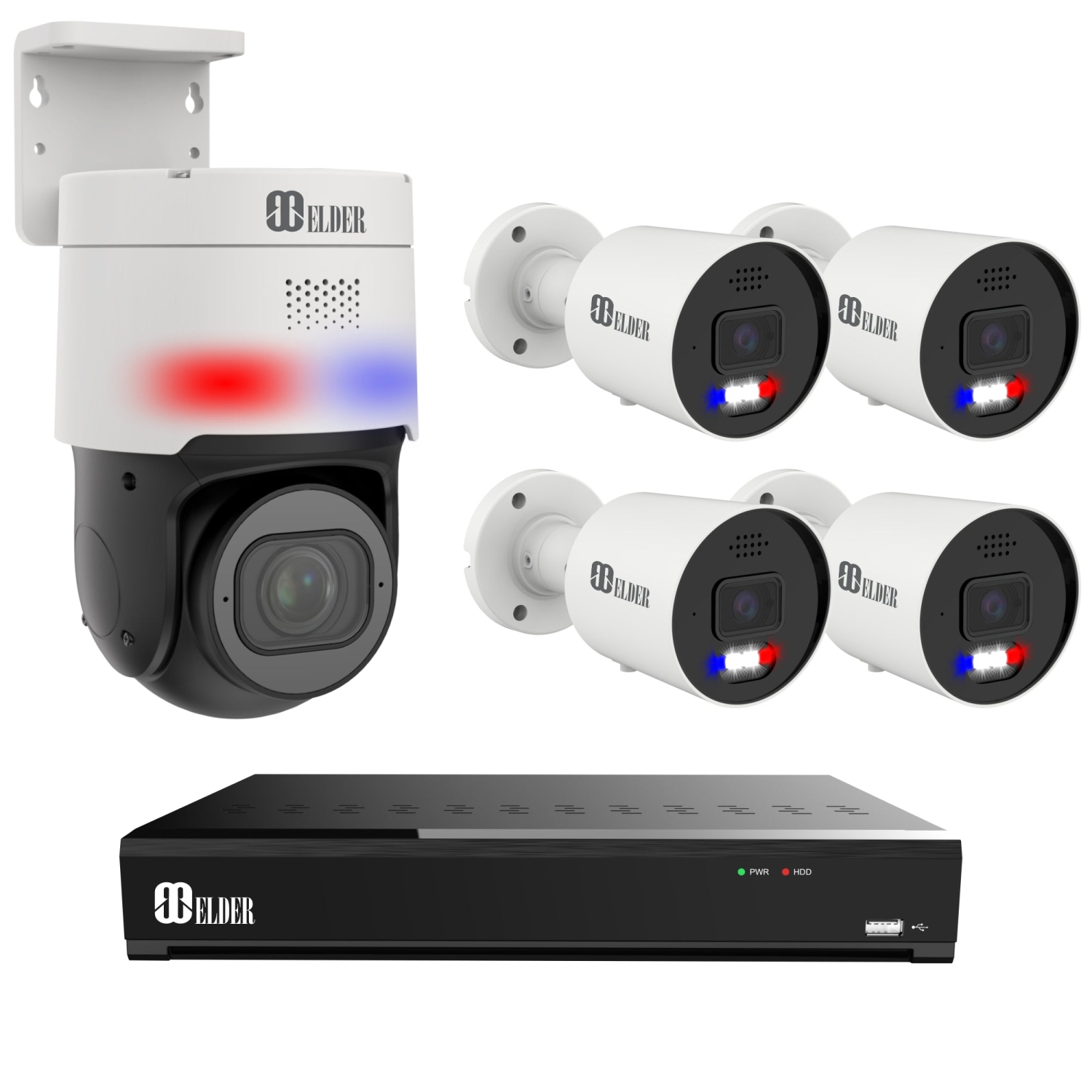 Elder AI Security Camera System PTZ 12MP NVR 8Ch PoE, 5-Camera 4K 30FPS Dual-Light Outdoor 2TB, Sony Sensor & NDAA, Face & License Plate, Full Color Surveillance Wired NocVU Series