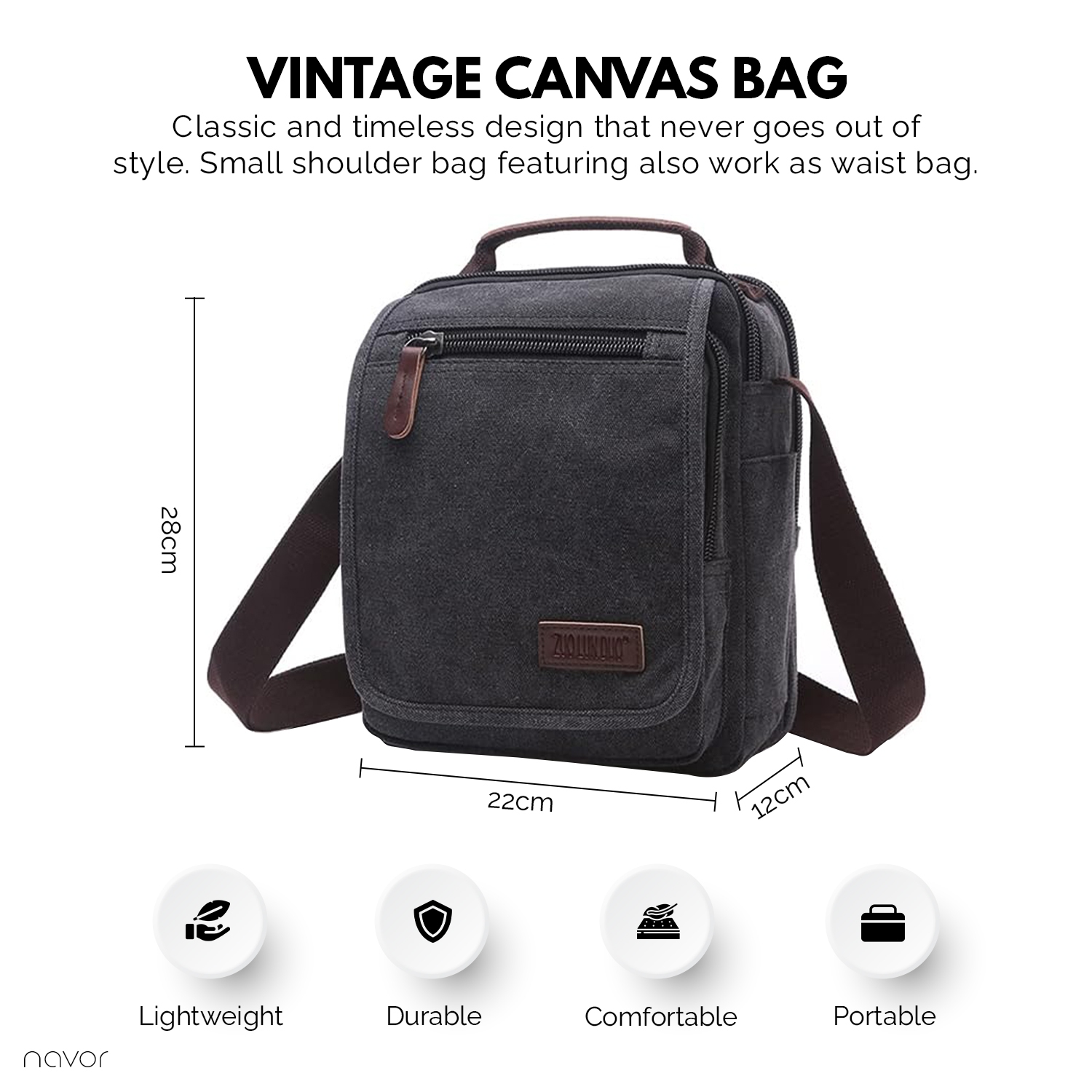 Petit sac messager en toile, sac à bandoulière vertical sacoche pour le travail de voyage hommes femmes, noir