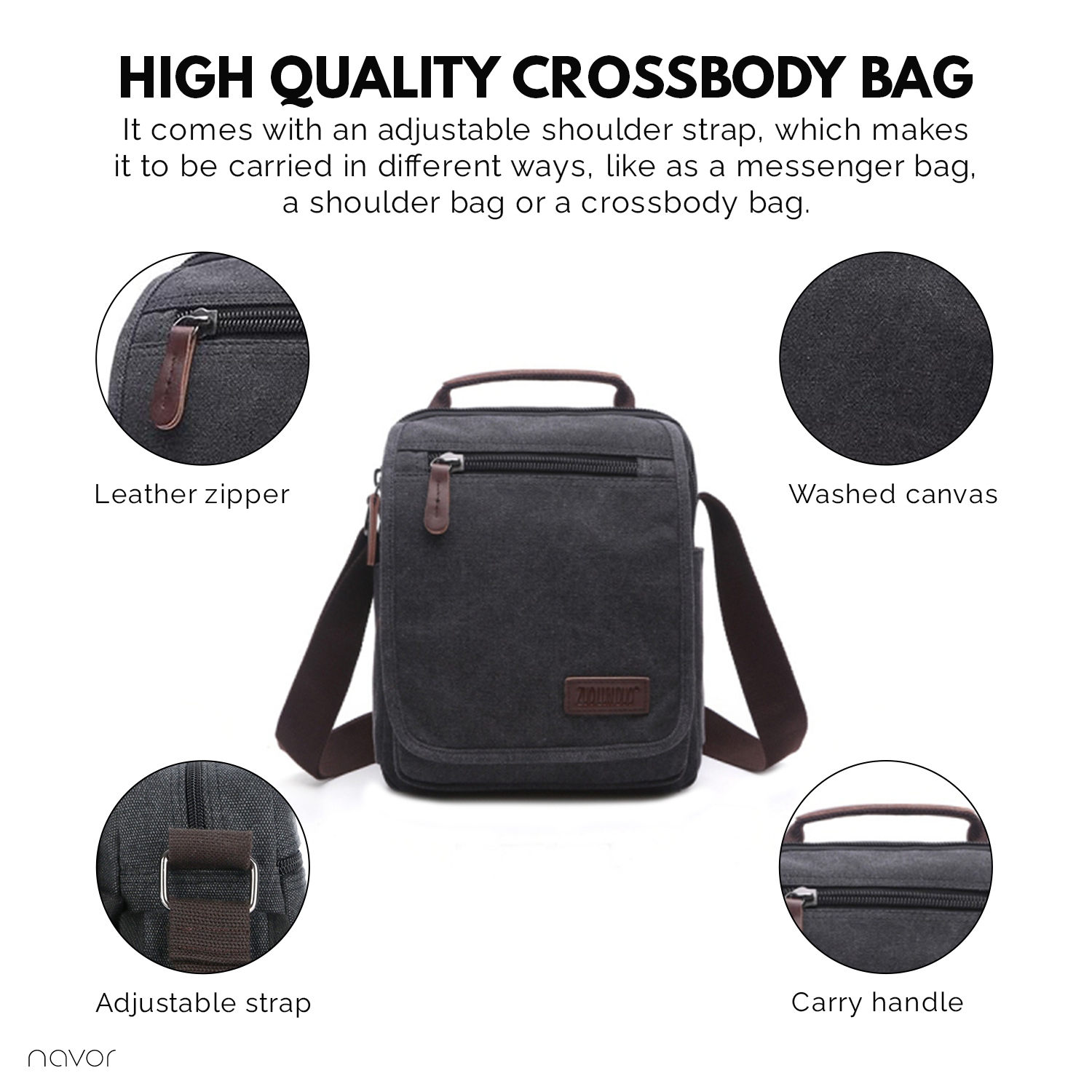 Petit sac messager en toile, sac à bandoulière vertical sacoche pour le travail de voyage hommes femmes, noir