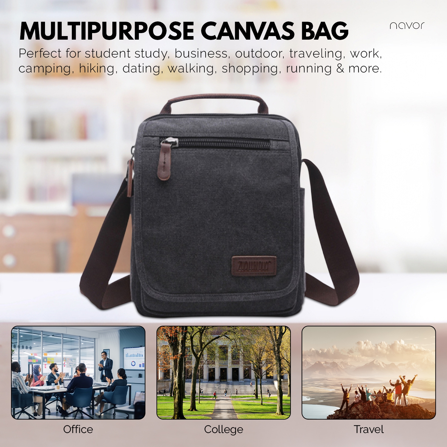 Petit sac messager en toile, sac à bandoulière vertical sacoche pour le travail de voyage hommes femmes, noir