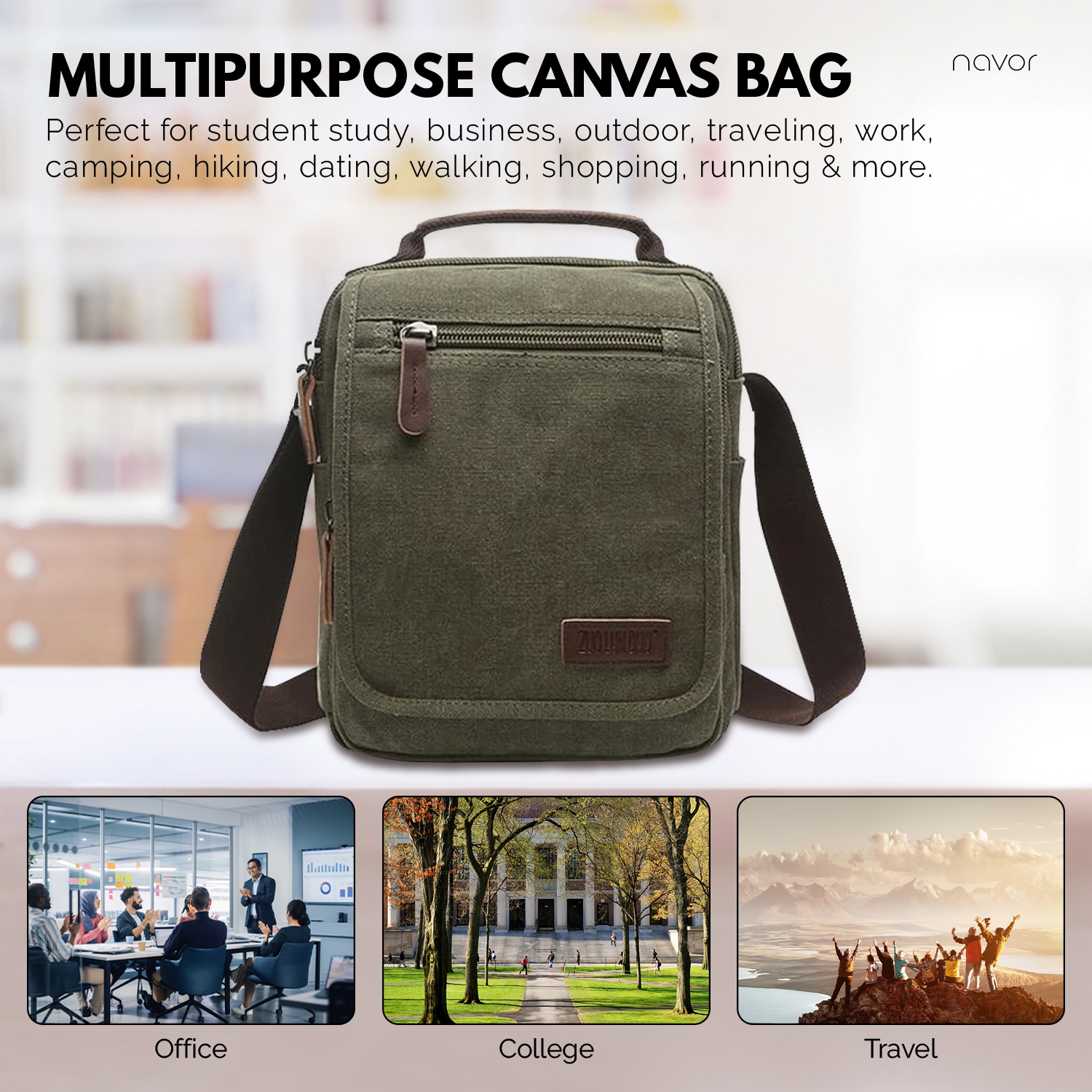 Petit sac messager en toile, sac à bandoulière vertical sacoche pour le travail de voyage hommes femmes, noir