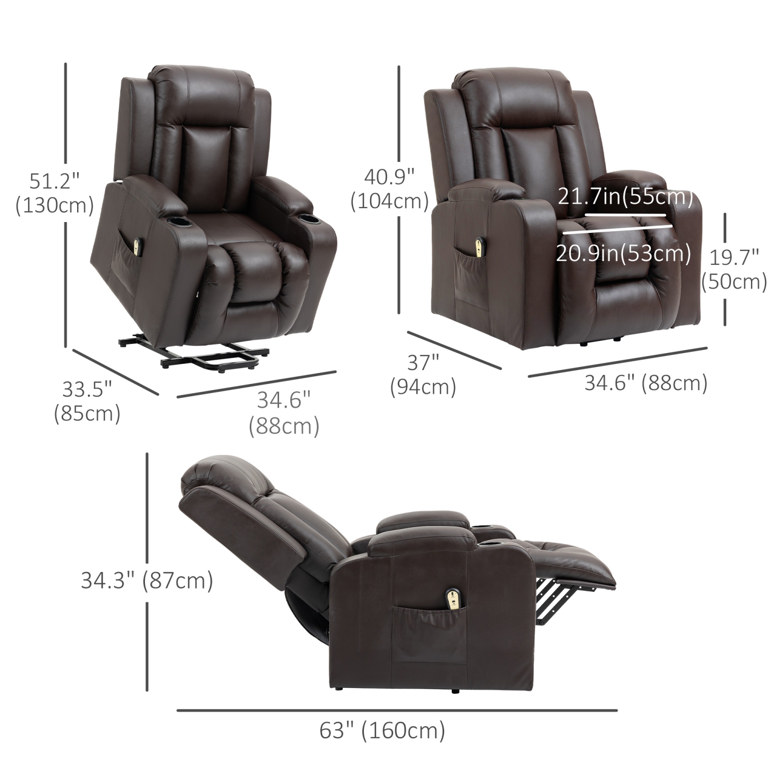 Fauteuil inclinable électrique pour personnes âgées de HOMCOM, fauteuil inclinable en cuir PU avec repose-pieds, télécommande, pochettes latérales et
