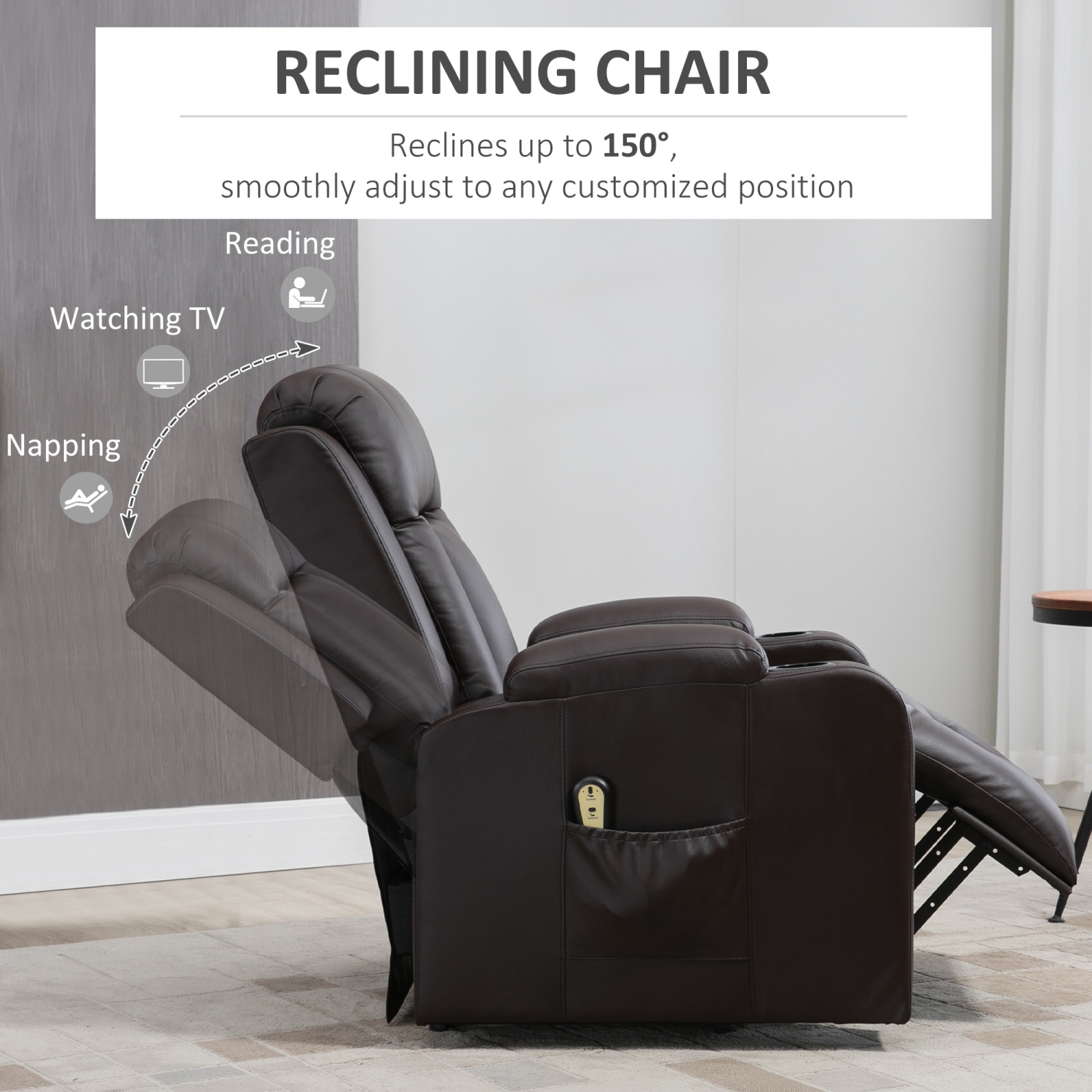 Fauteuil inclinable électrique pour personnes âgées de HOMCOM, fauteuil inclinable en cuir PU avec repose-pieds, télécommande, pochettes latérales et