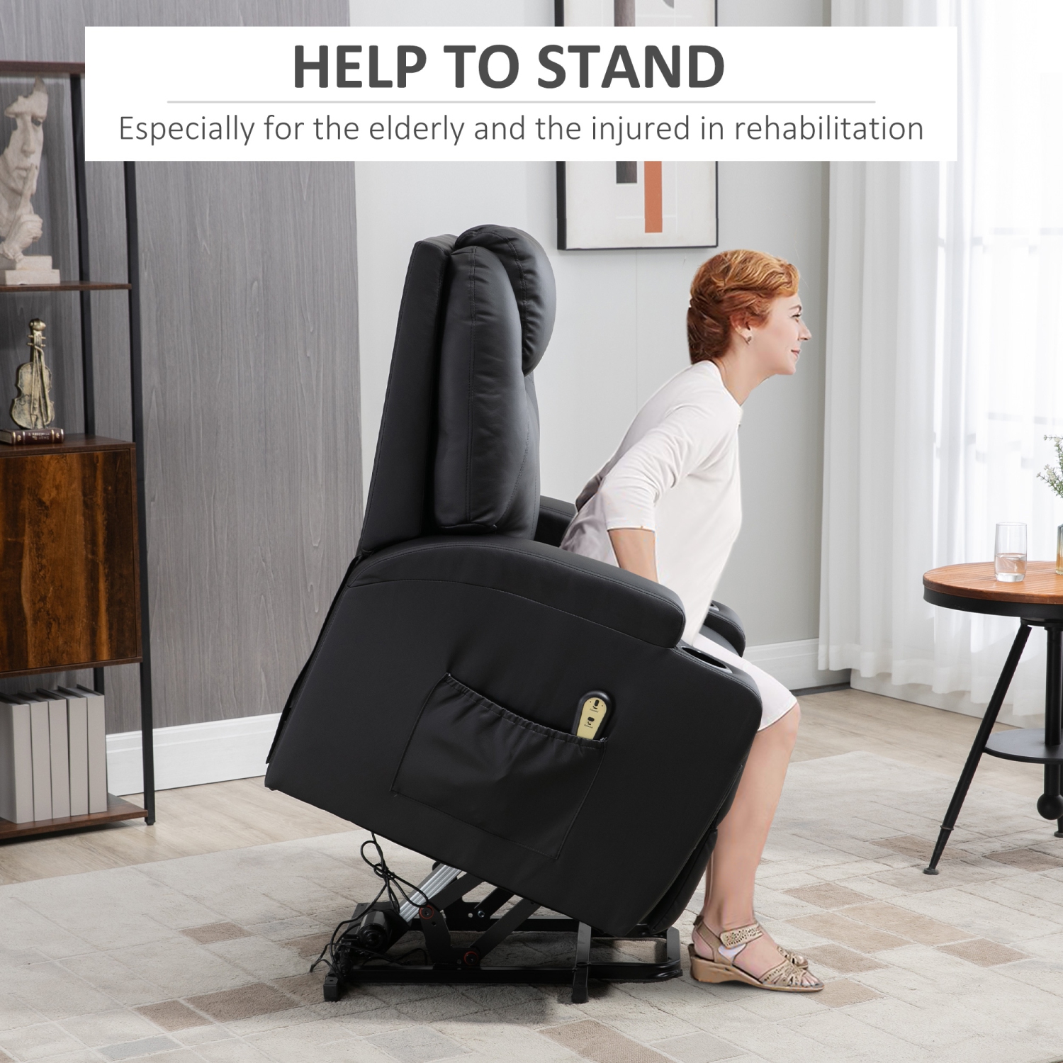 Fauteuil inclinable électrique pour personnes âgées de HOMCOM, fauteuil en cuir PU avec repose-pieds, télécommande, pochettes latérales et