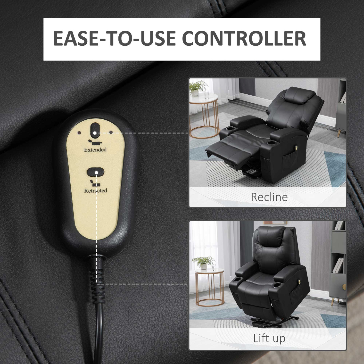 Fauteuil inclinable électrique pour personnes âgées de HOMCOM, fauteuil en cuir PU avec repose-pieds, télécommande, pochettes latérales et