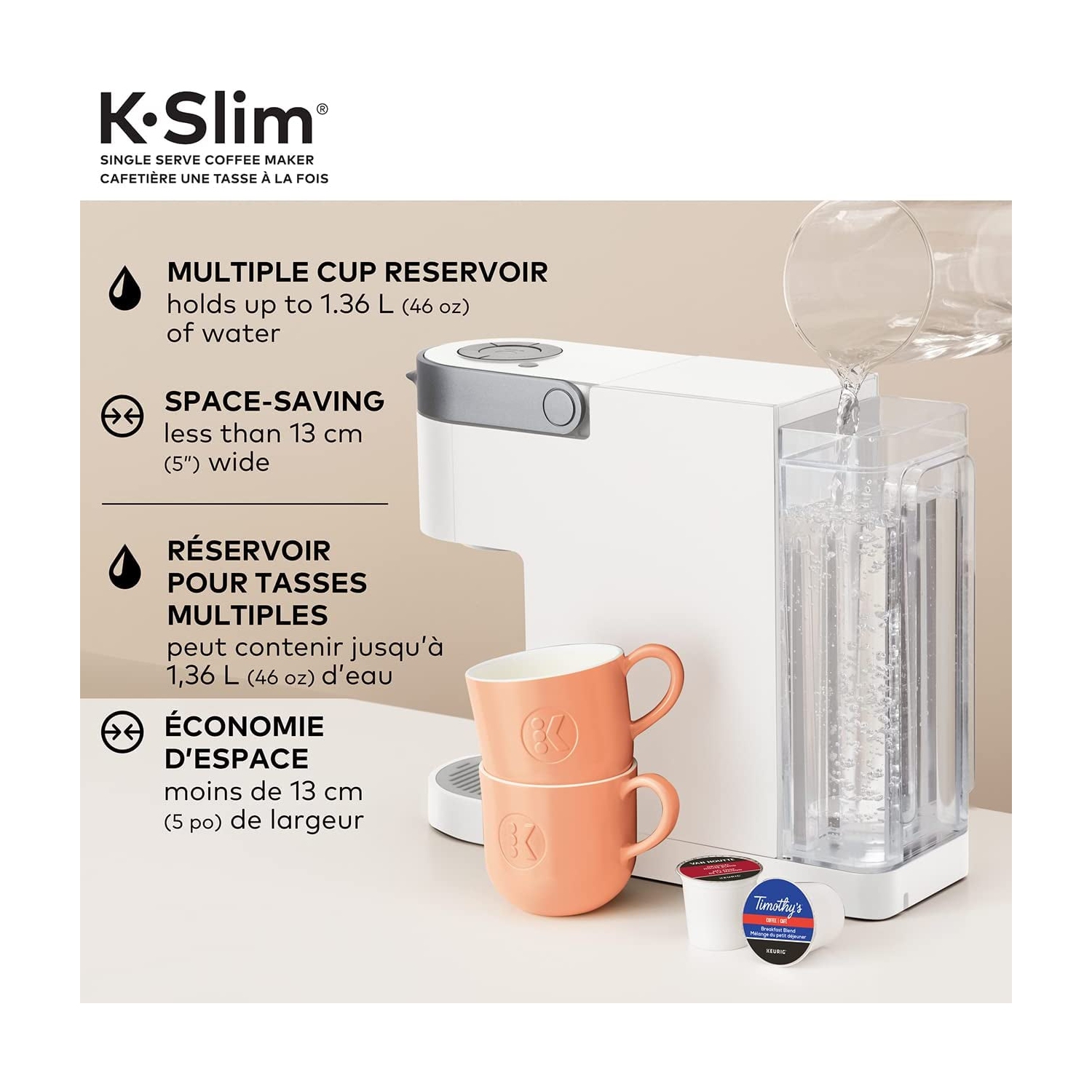 Keurig K-Slim Single Serve K-Cup Pod Coffee Maker, avec des contrôles à bouton-poussoir simples et une technologie multiposte, blanc