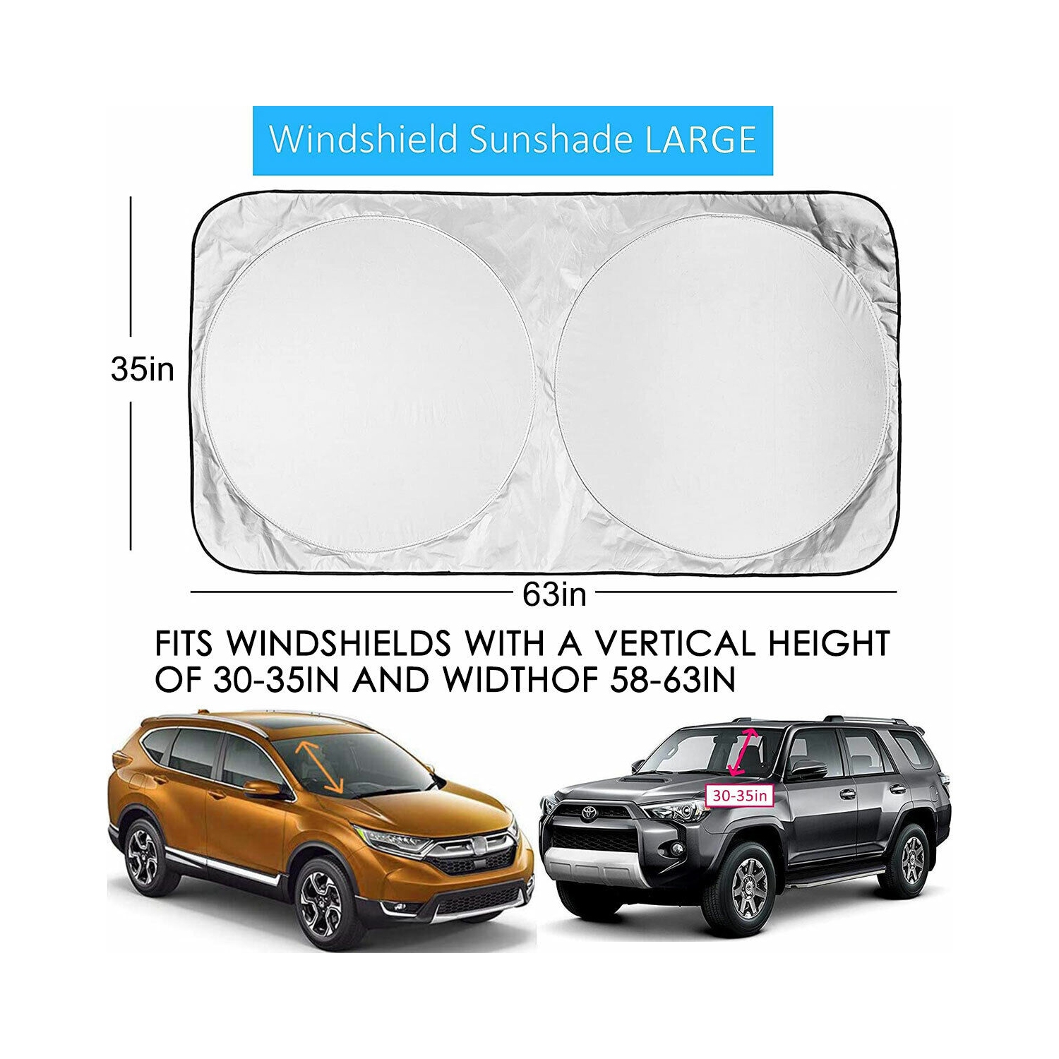 2-Pack Large Size Foldable Car Sun Shade Windscreen Sunshade, Silver 63x35 inch