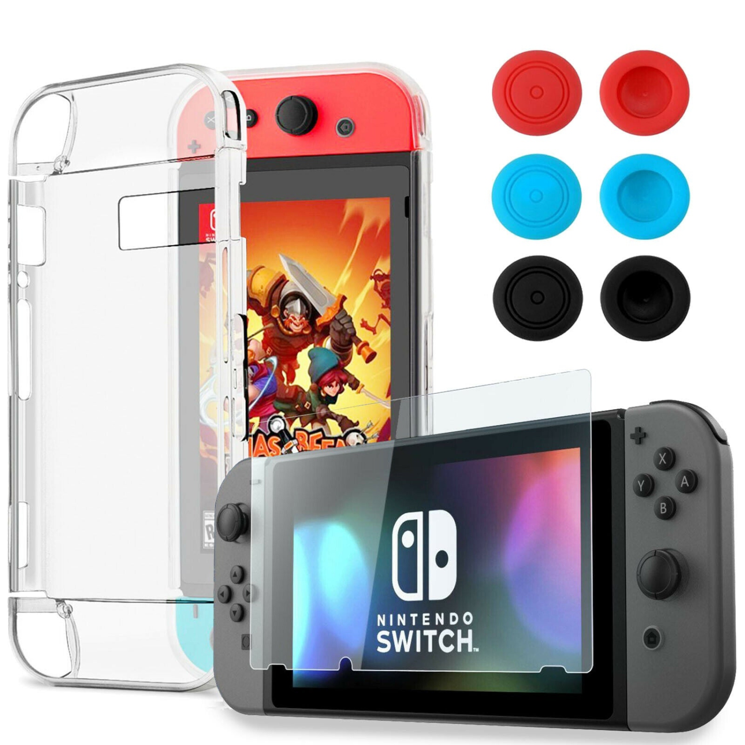Protecteur d’écran en verre trempé de qualité supérieure 3-en-1 pour Nintendo Switch + étui et capuchons en TPUR