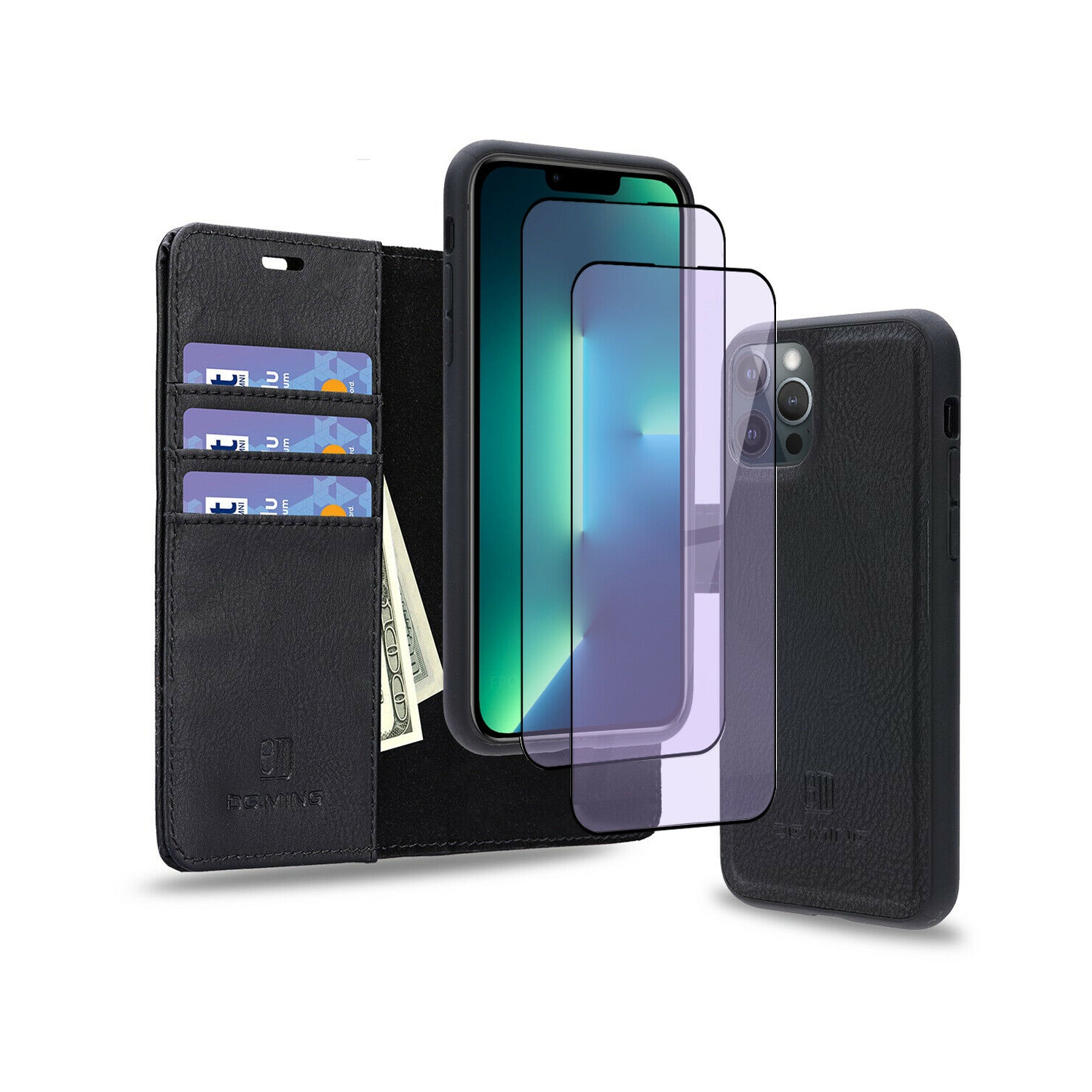 Étui portefeuille en cuir de luxe et 2 films anti-lumière bleue pour iPhone 13 Pro Max de 6.7 po