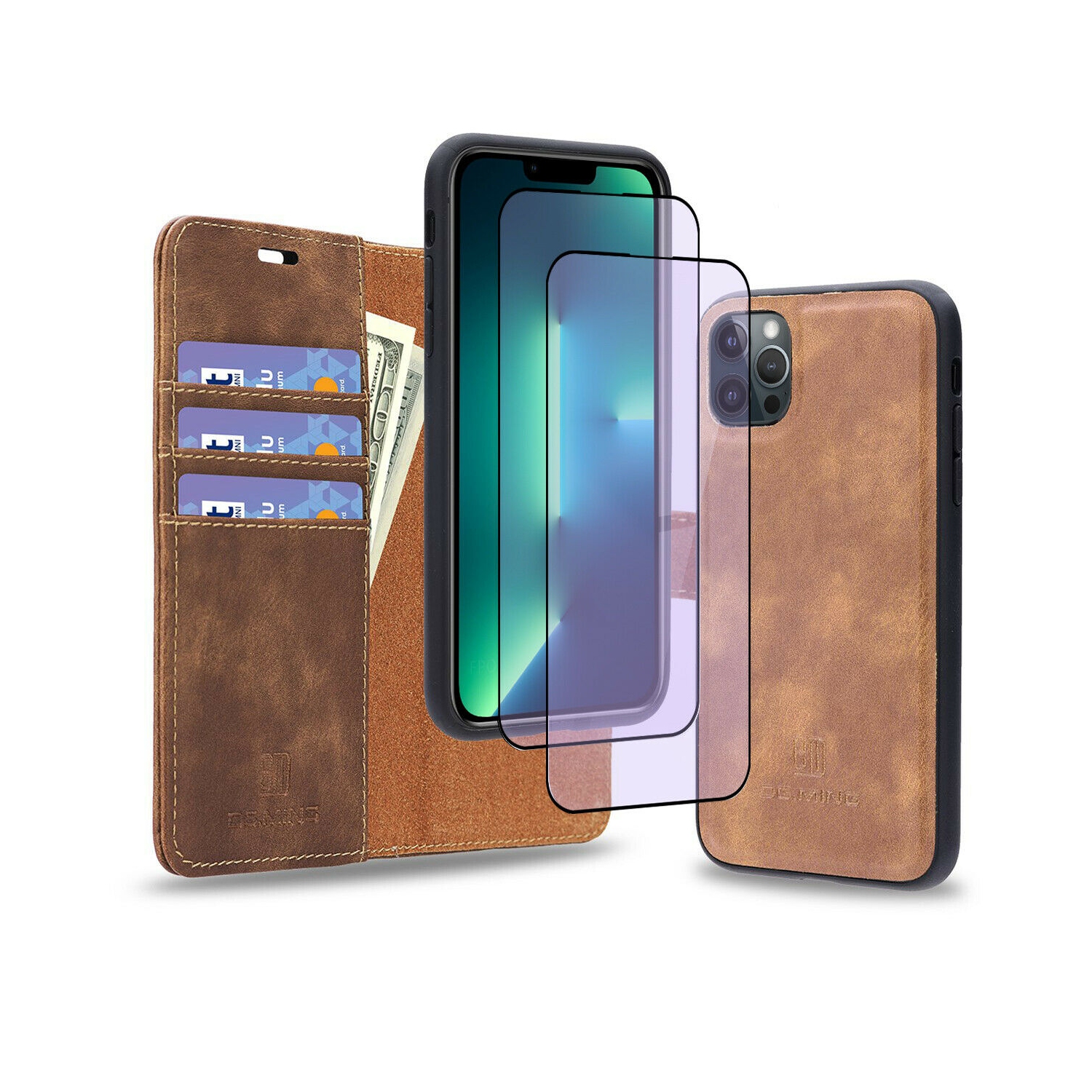 Étui portefeuille en cuir de luxe et 2 films anti-lumière bleue pour iPhone 13 Pro Max de 6.7 po