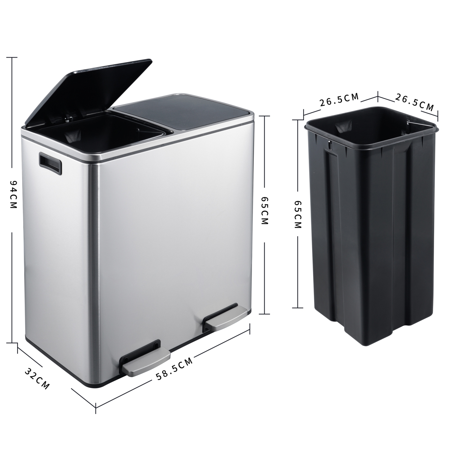 Stainless Steel 60L Stainless Steel Dual Compartment Trash Can - Matt Silver