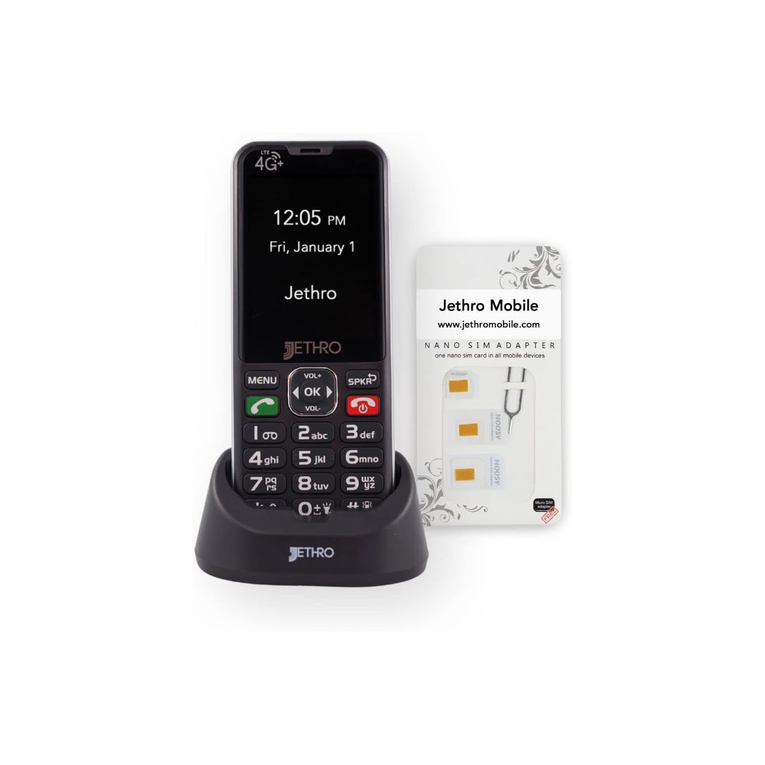 Jethro SC490 4G Bar Senior Cell Phone for Elderly & Kids with SIM Card Adapter - Black - Unlocked - No Internet Access