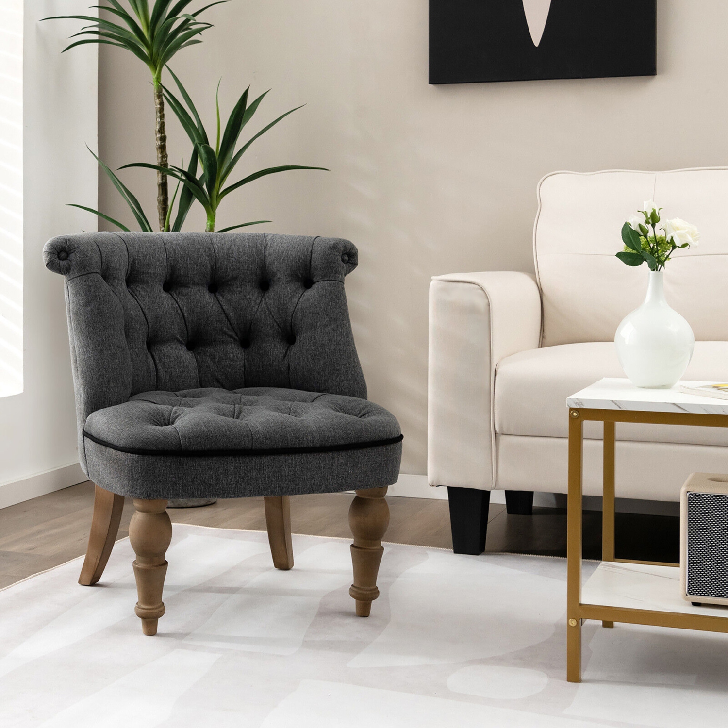 Gymax Set of 2 Upholstered Slipper Chairs Armless Accent Chairs w/ Beech Wood Legs