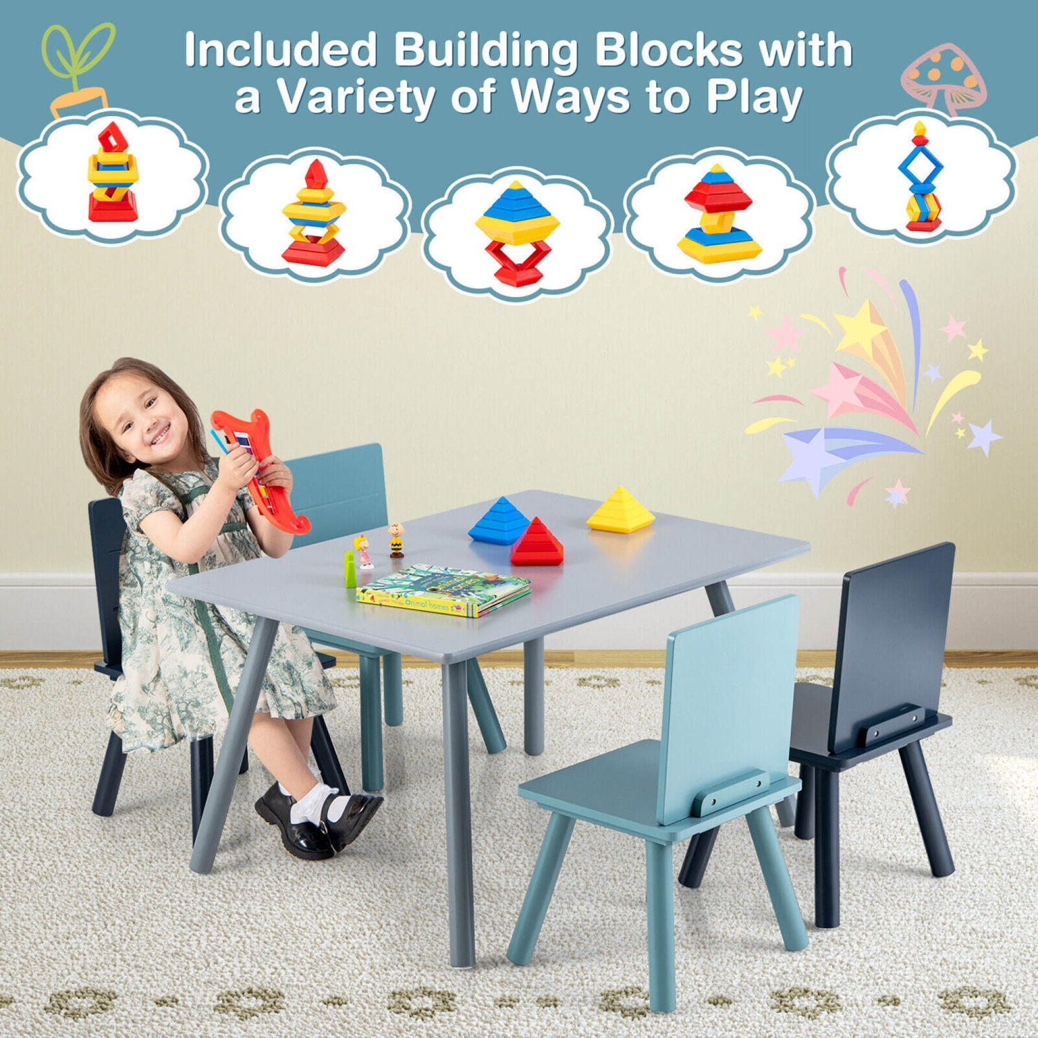 Gymax 5 Piece Kids Wooden Activity Table and 4 Chairs Play Set Gift w/ Building Blocks