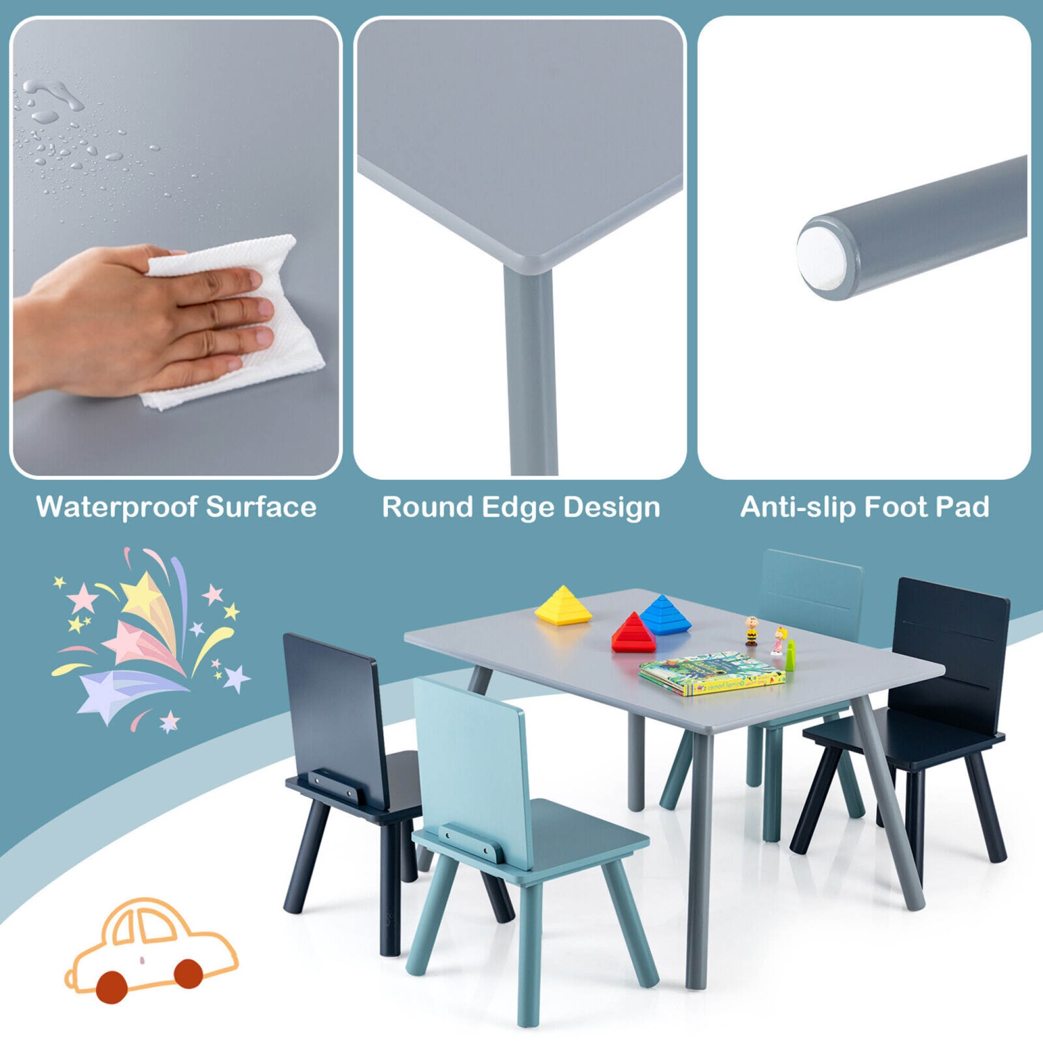 Gymax 5 Piece Kids Wooden Activity Table and 4 Chairs Play Set Gift w/ Building Blocks