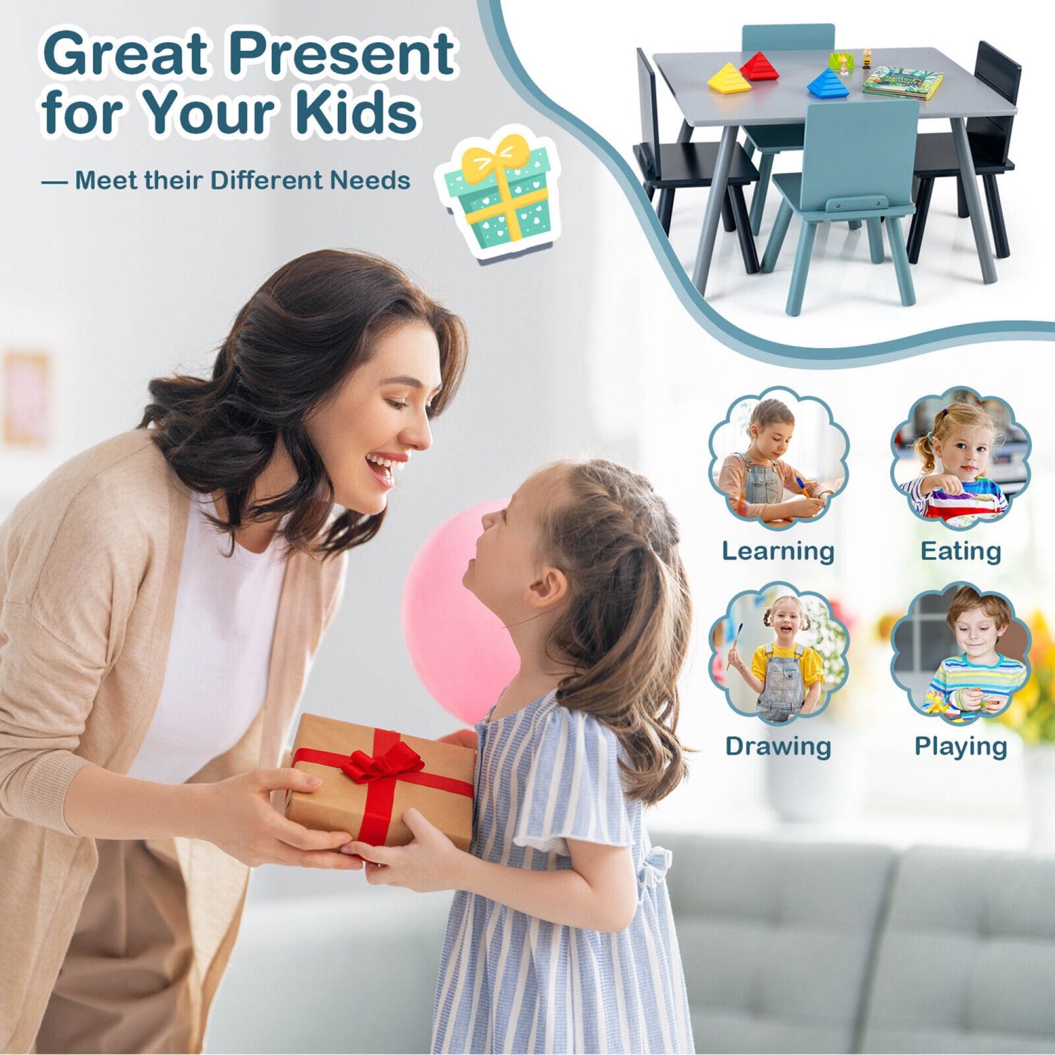 Gymax 5 Piece Kids Wooden Activity Table and 4 Chairs Play Set Gift w/ Building Blocks