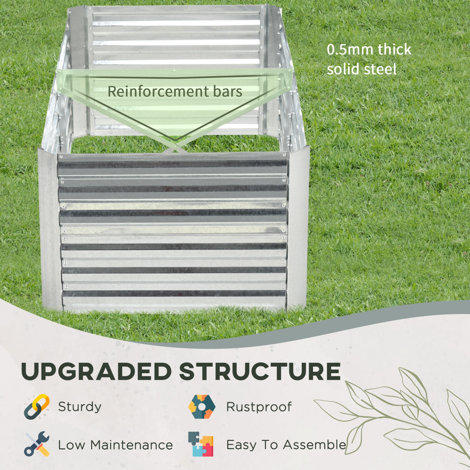 Jardinière surélevée Outsunny, 6 x 3 x 2 pi, jardinières en acier galvanisé pour plantes d'extérieur, tiges multirenforcées pour légumes, fleurs et