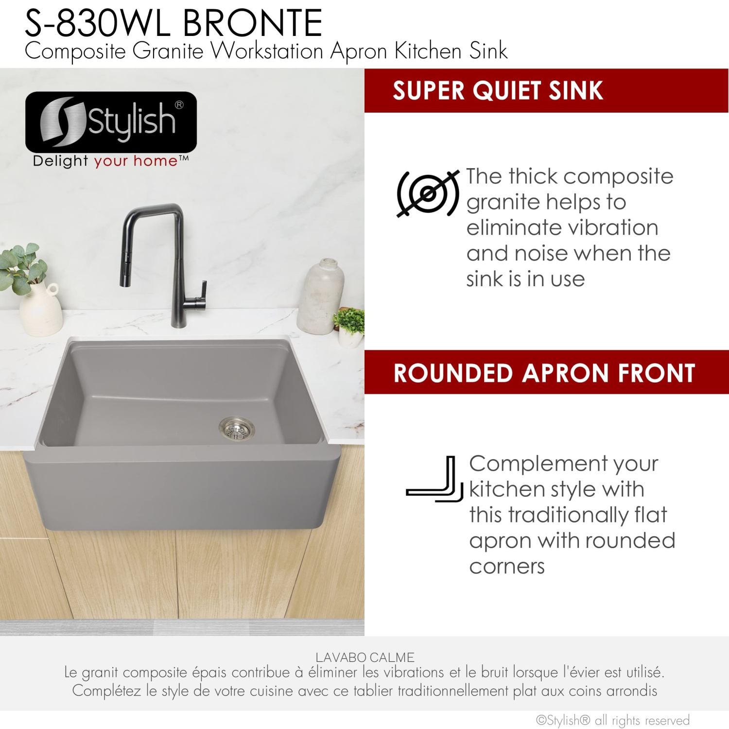 Stylish Farmhouse/Apron Front 30 inch Grey Composite Granite Workstation Single Bowl Kitchen Sink S-830WL