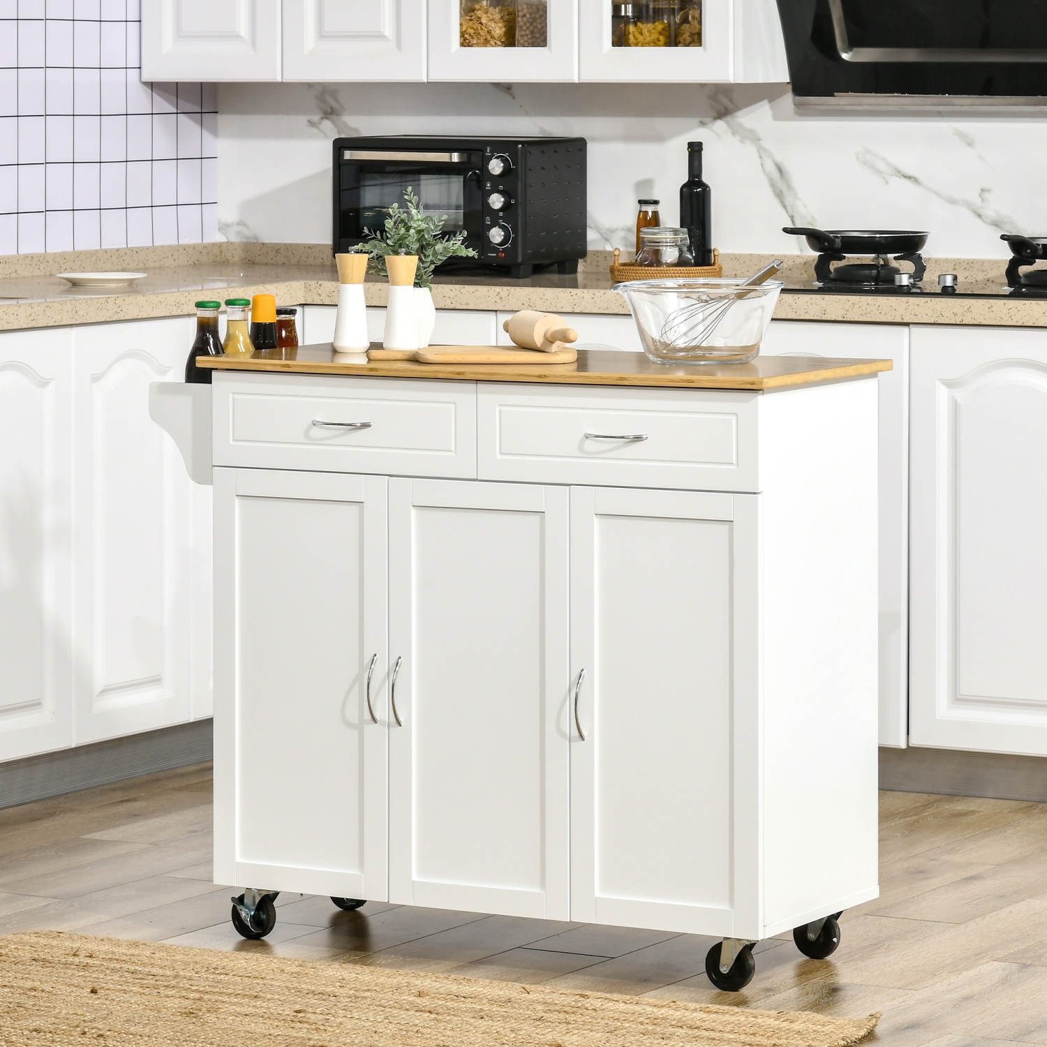 HOMCOM Rolling Kitchen Island on Wheels with Bamboo Countertop, Kitchen Cart with Storage Cabinets, Drawers, Adjustable Shelves and Towel Rack for