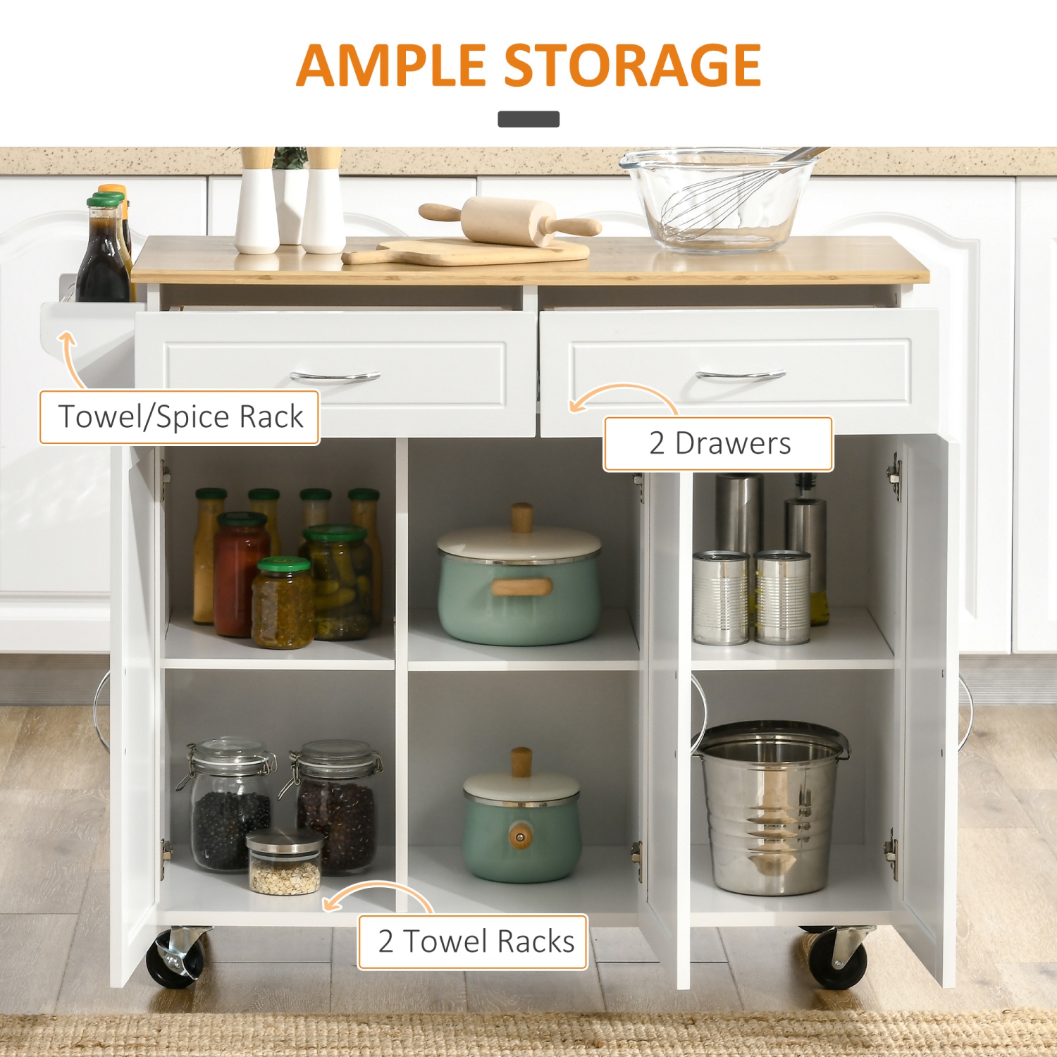 HOMCOM Rolling Kitchen Island on Wheels with Bamboo Countertop, Kitchen Cart with Storage Cabinets, Drawers, Adjustable Shelves and Towel Rack for