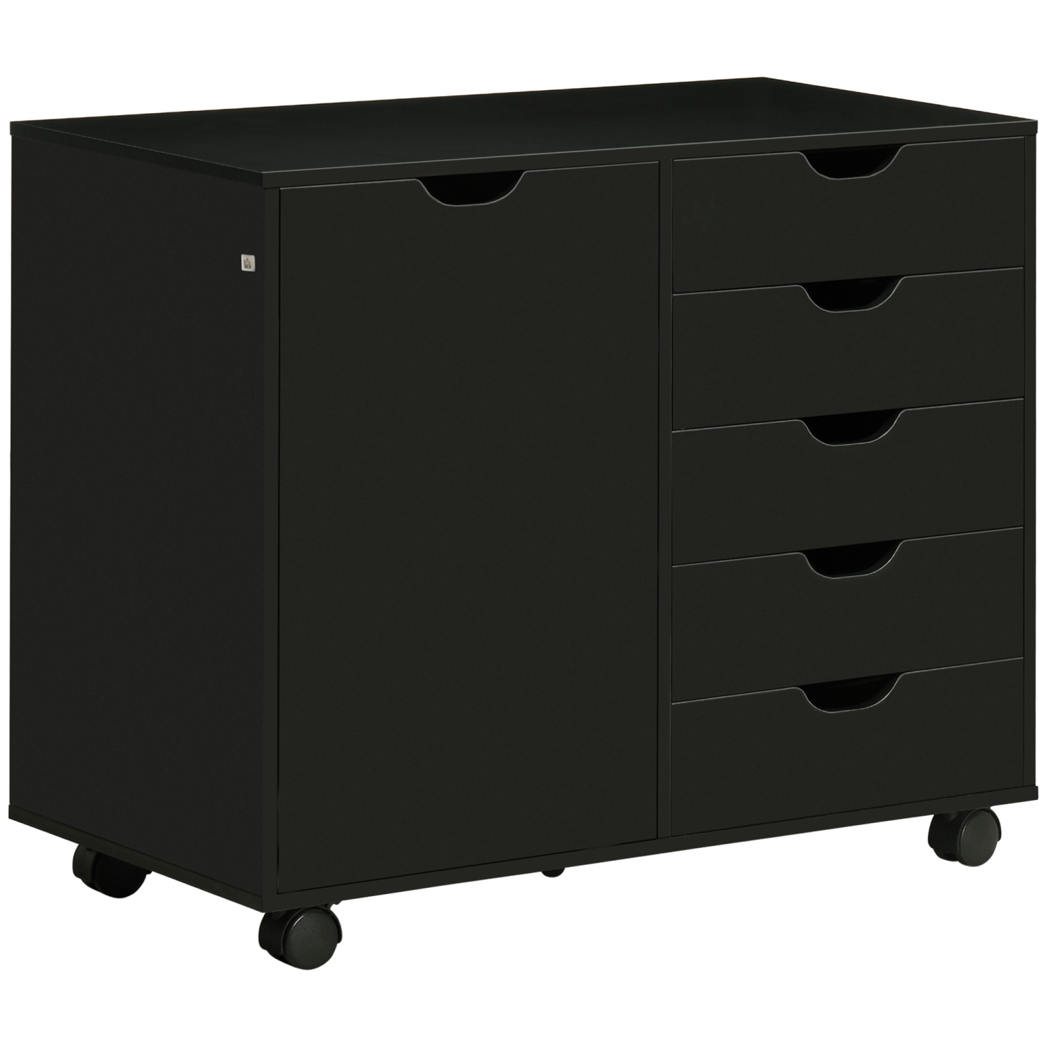 HOMCOM Modern Mobile 5-Drawer Chest with Door, Storage Cabinet, Dresser on Wheels, Printer Stand for Home Office, Black