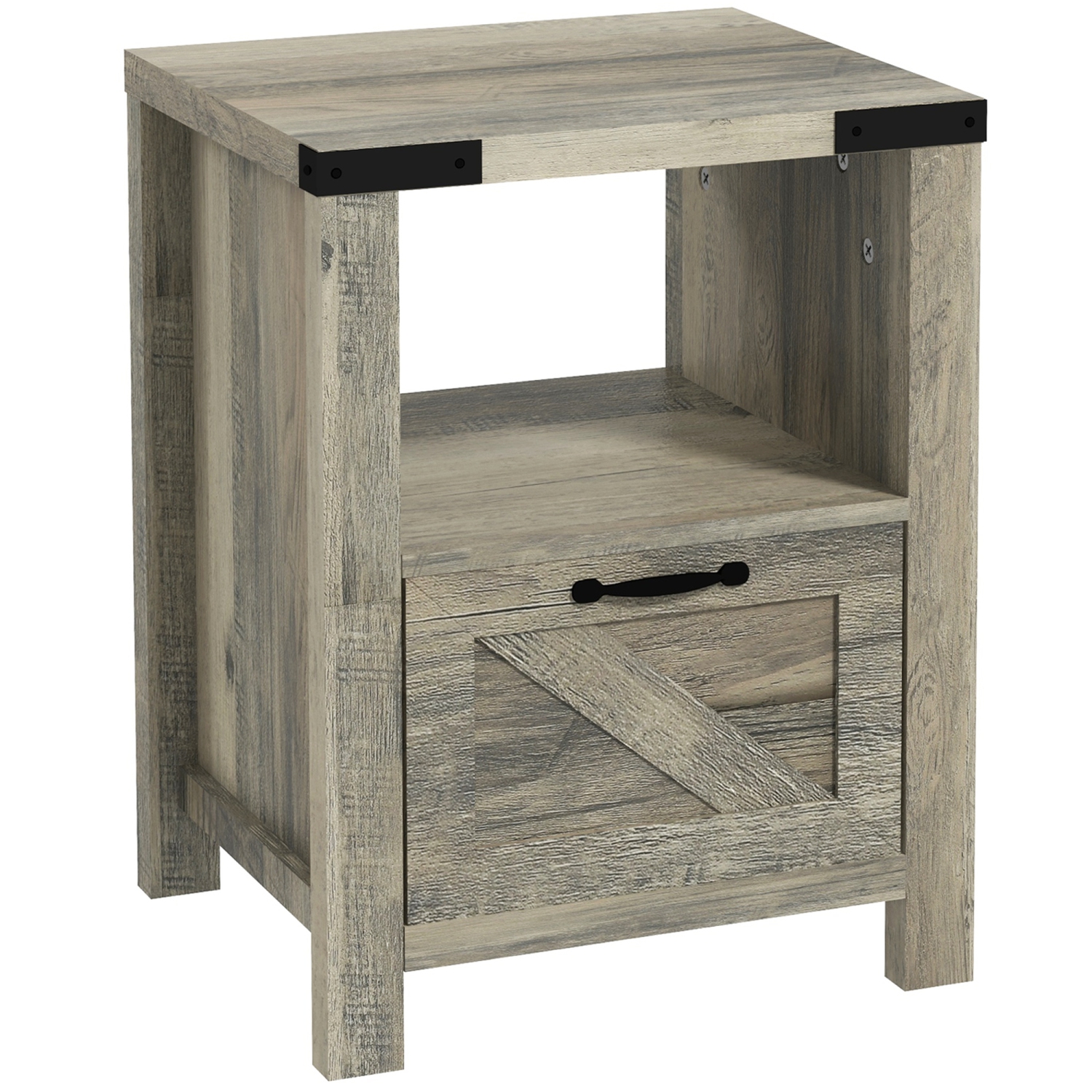 HOMCOM Side Table with Storage, Farmhouse End Table with Drawer, Open Shelf and Barn-style Panel, Nightstand for Living Room, Bedroom, Grey