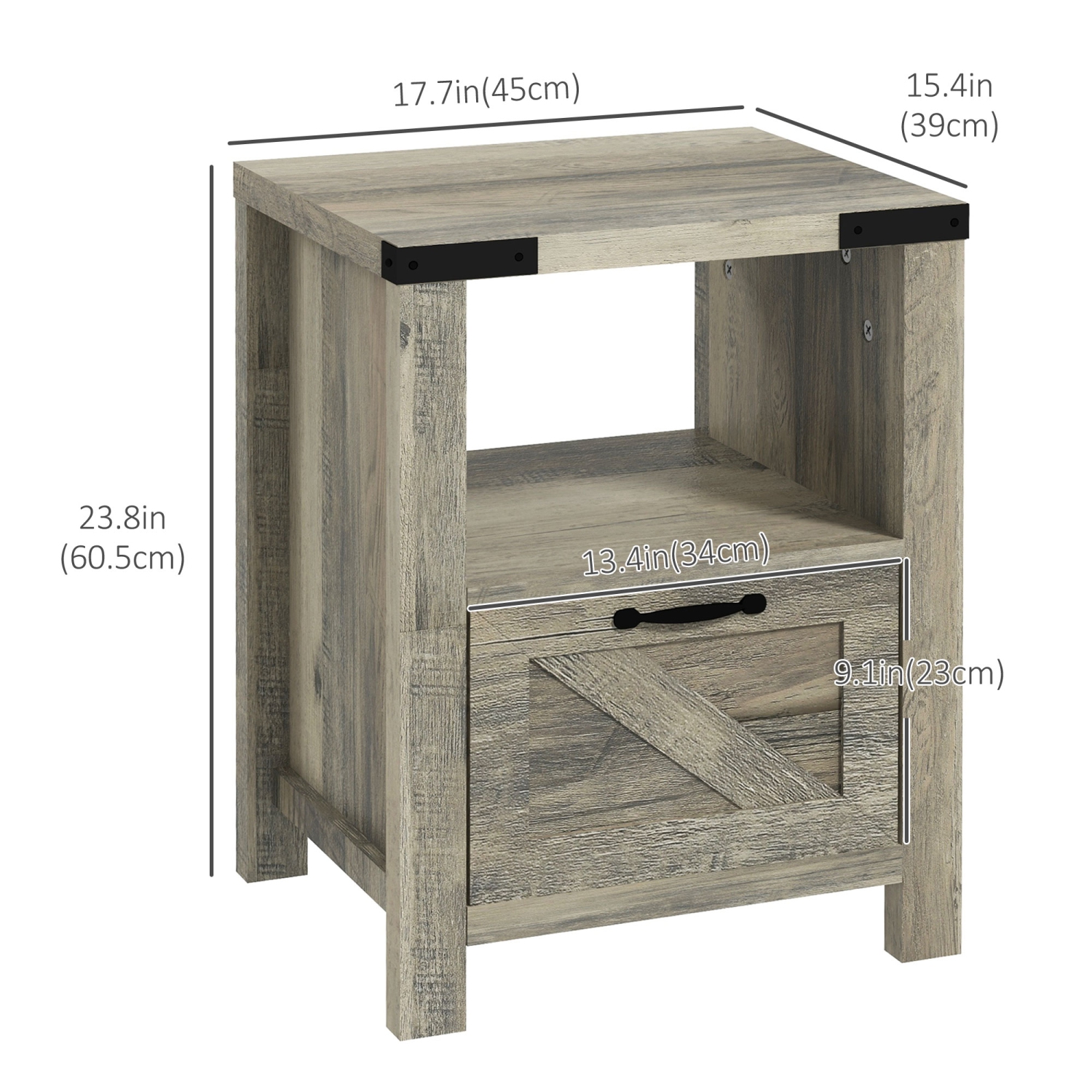 HOMCOM Side Table with Storage, Farmhouse End Table with Drawer, Open Shelf and Barn-style Panel, Nightstand for Living Room, Bedroom, Grey
