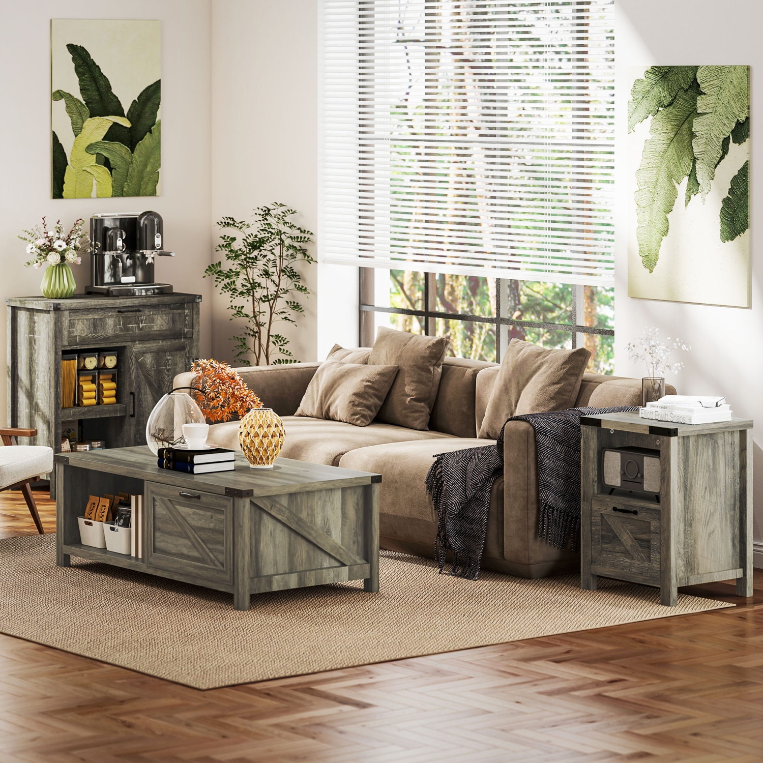 HOMCOM Side Table with Storage, Farmhouse End Table with Drawer, Open Shelf and Barn-style Panel, Nightstand for Living Room, Bedroom, Grey