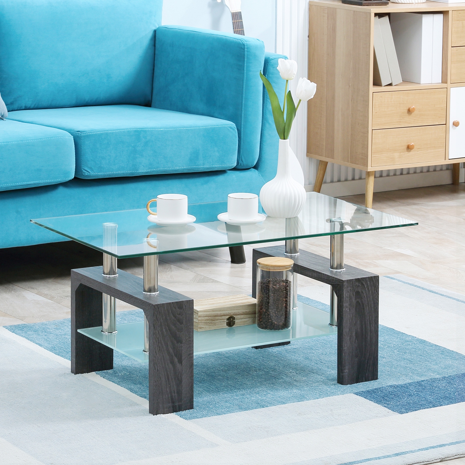 Table basse rectangulaire à 2 niveaux avec dessus en verre trempé et tablette de rangement pour le salon, gris