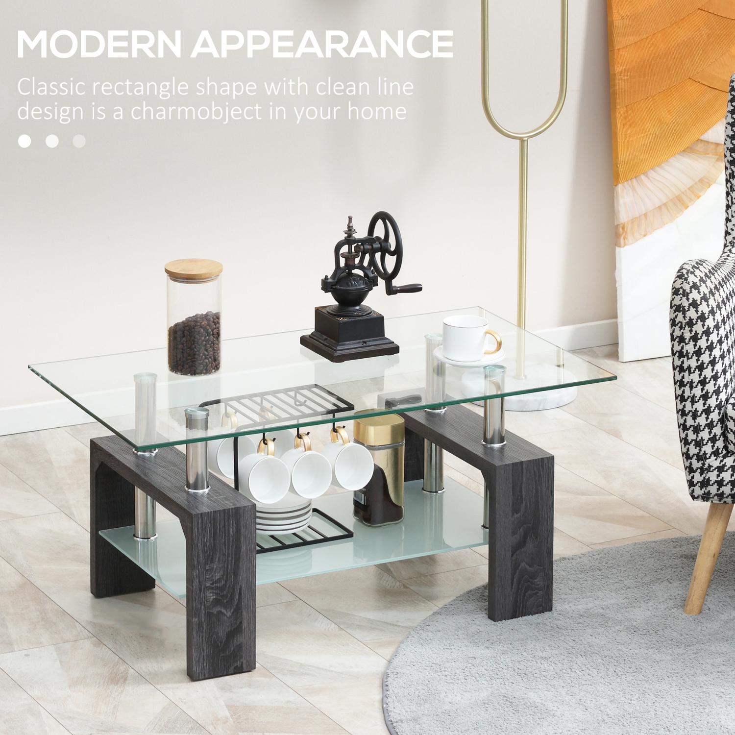 Table basse rectangulaire à 2 niveaux avec dessus en verre trempé et tablette de rangement pour le salon, gris