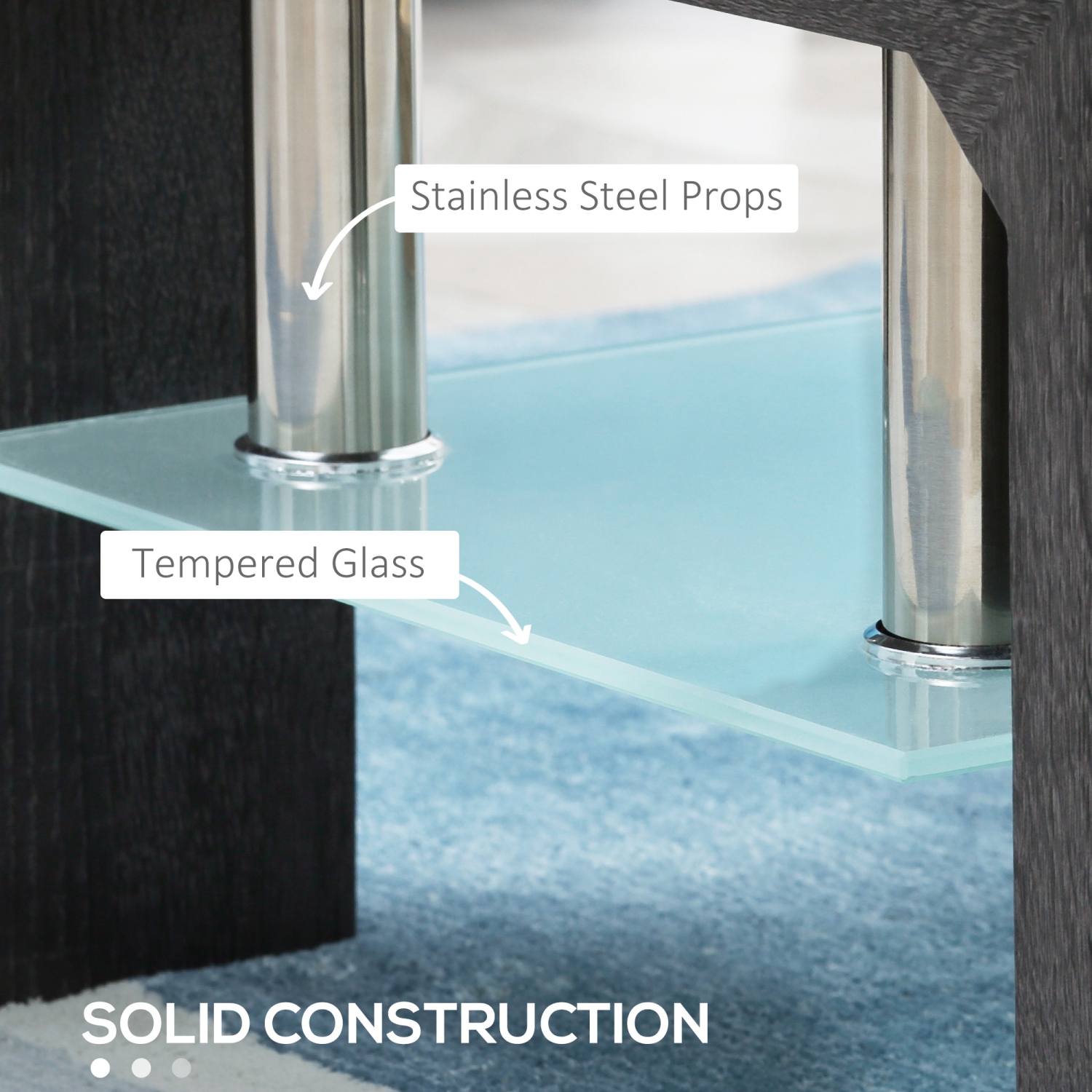 Table basse rectangulaire à 2 niveaux avec dessus en verre trempé et tablette de rangement pour le salon, gris