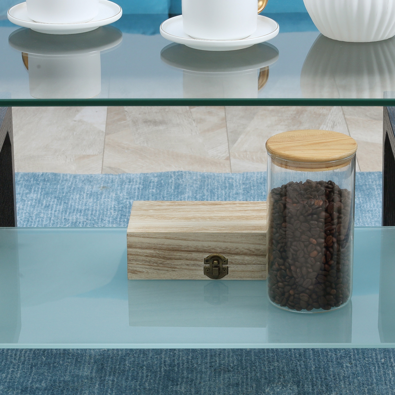 Table basse rectangulaire à 2 niveaux avec dessus en verre trempé et tablette de rangement pour le salon, gris