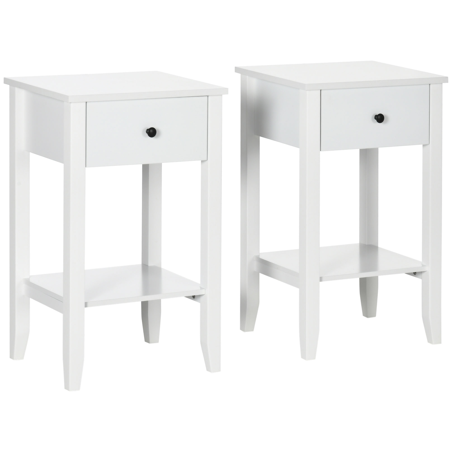 HOMCOM Side Table Set of 2, End Tables with Drawer and Bottom Shelf, 2-tier Nightstand for Bedroom, Living Room, White