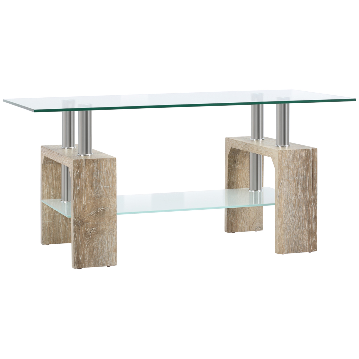 Table basse rectangulaire à 2 niveaux avec dessus en verre trempé et tablette de rangement pour salon, naturel HOMCOM, verre