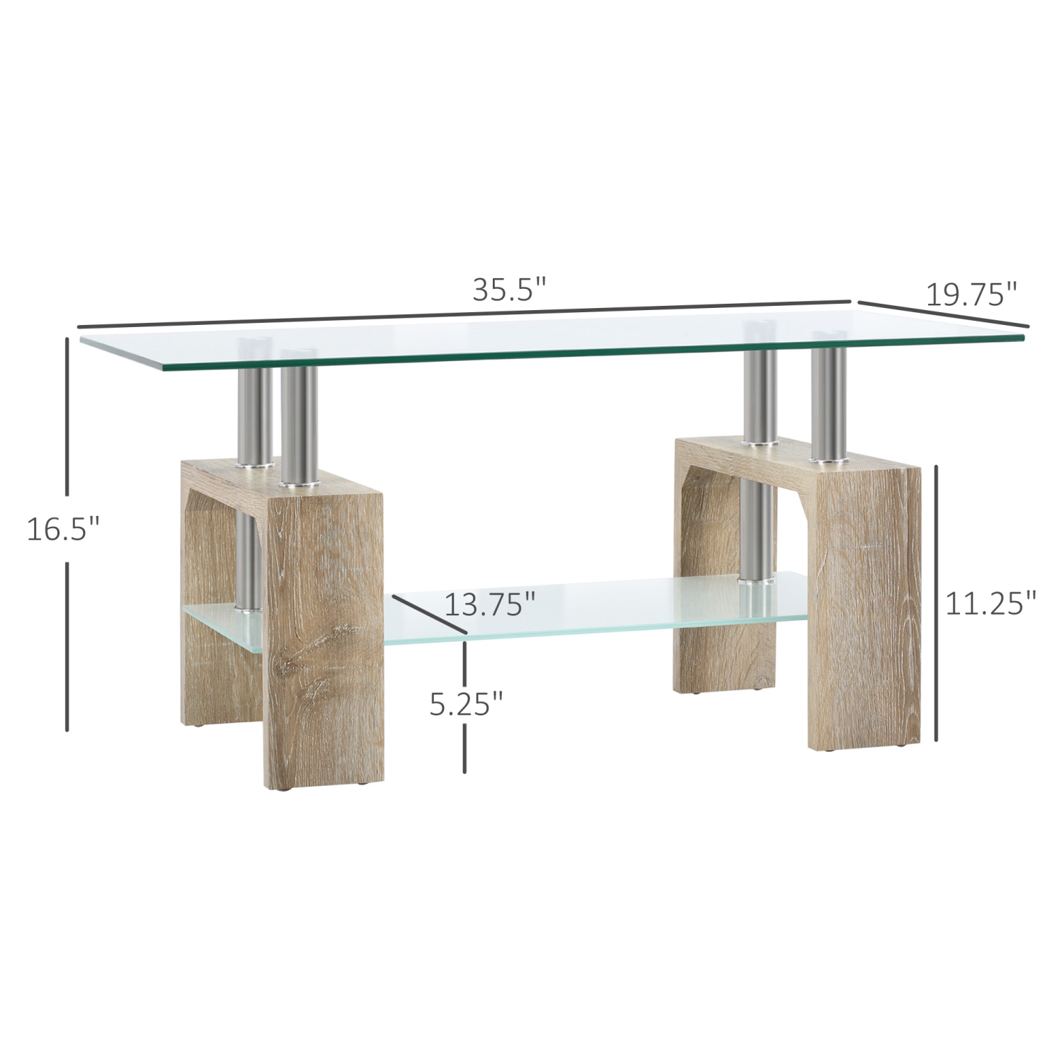 Table basse rectangulaire à 2 niveaux avec dessus en verre trempé et tablette de rangement pour salon, naturel HOMCOM, verre