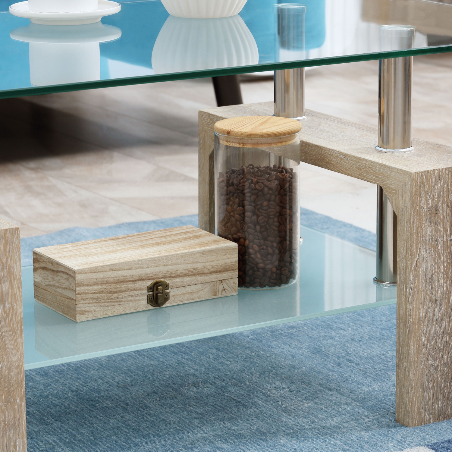 Table basse rectangulaire à 2 niveaux avec dessus en verre trempé et tablette de rangement pour salon, naturel HOMCOM, verre