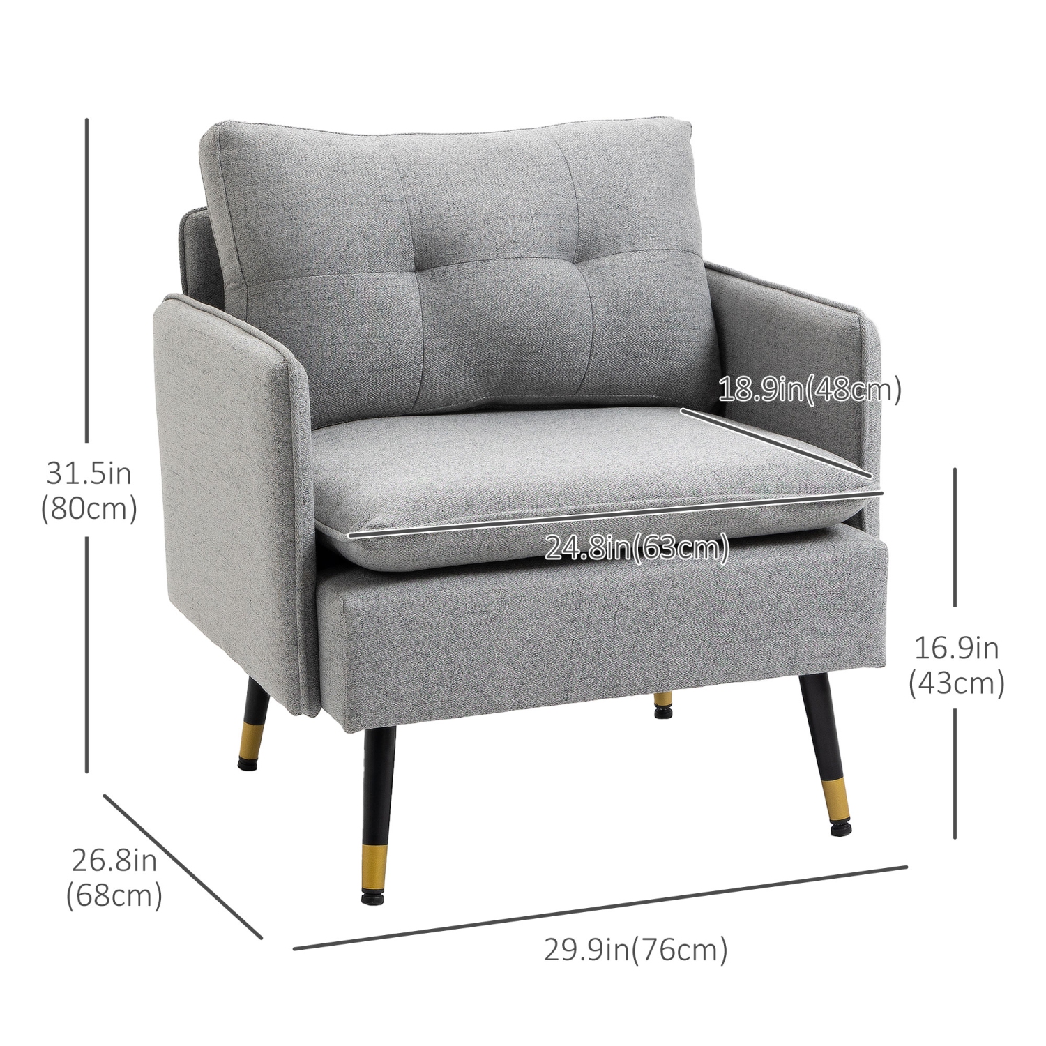Chaise d'appoint moderne HOMCOM, fauteuil en tissu recouvert avec siège long, pattes en acier, dossier souple, fauteuil de salon capitonné pour la