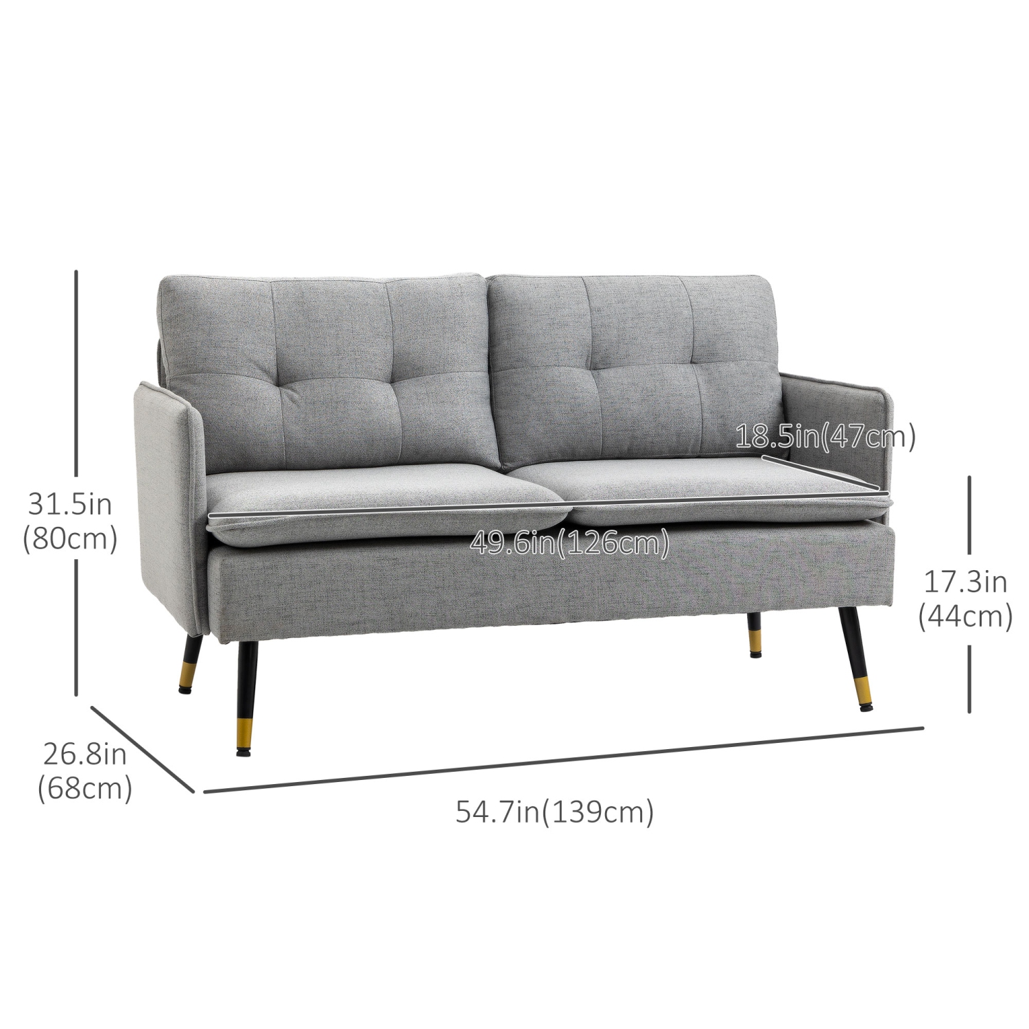 HOMCOM 55" Loveseat Sofa, Linen Upholstered Love Seat with S spring, Steel Legs and Button Tufting, Small Couch for Living Room, Bedroom, Office,