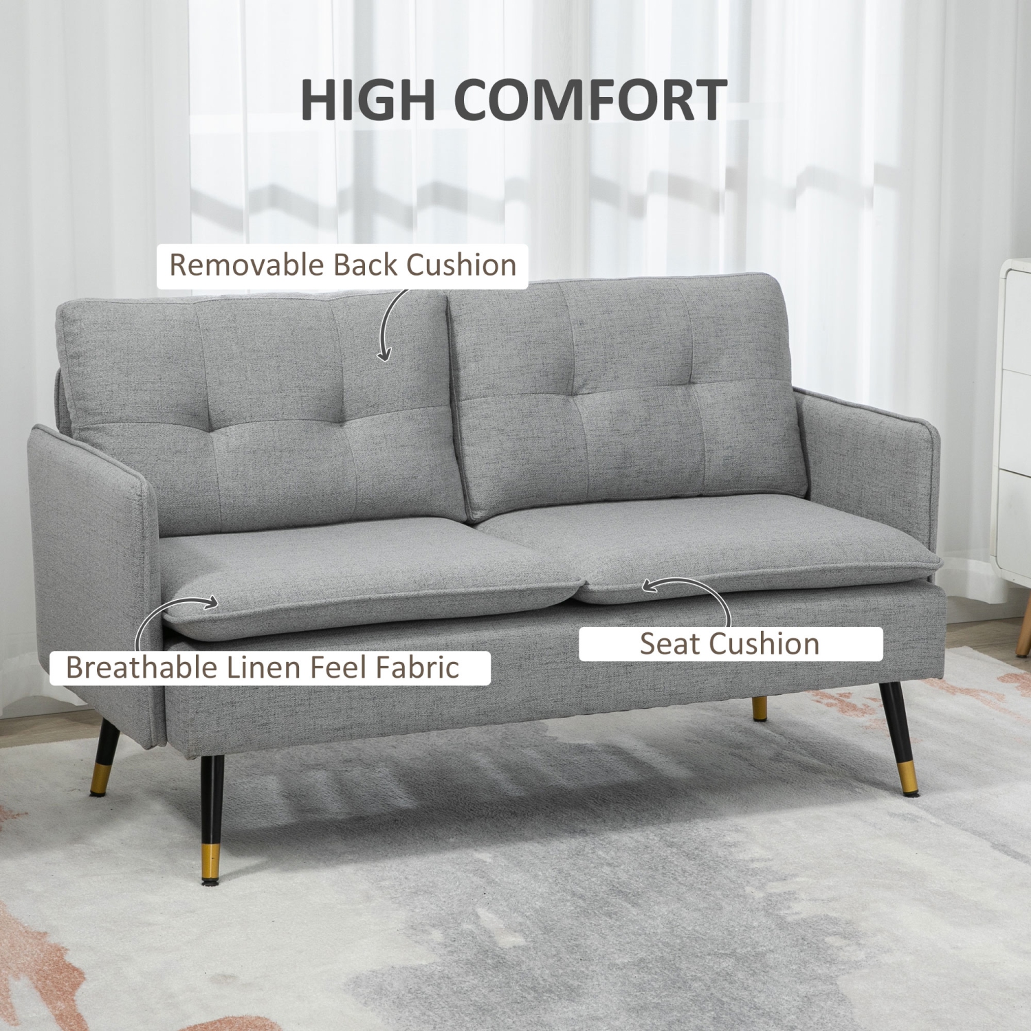 HOMCOM 55" Loveseat Sofa, Linen Upholstered Love Seat with S spring, Steel Legs and Button Tufting, Small Couch for Living Room, Bedroom, Office,