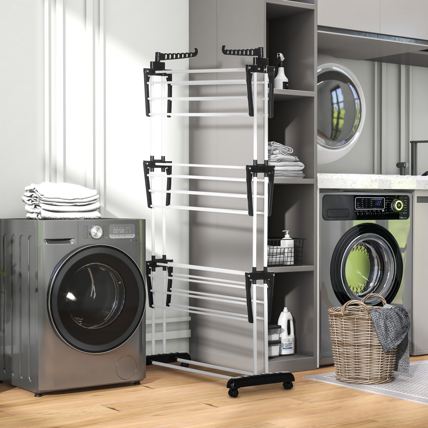 Support de séchage pliable de HOMCOM, panier de lavage en acier à 4 niveaux pour sécher les vêtements avec 2 ailes latérales et 4 roulettes, usage