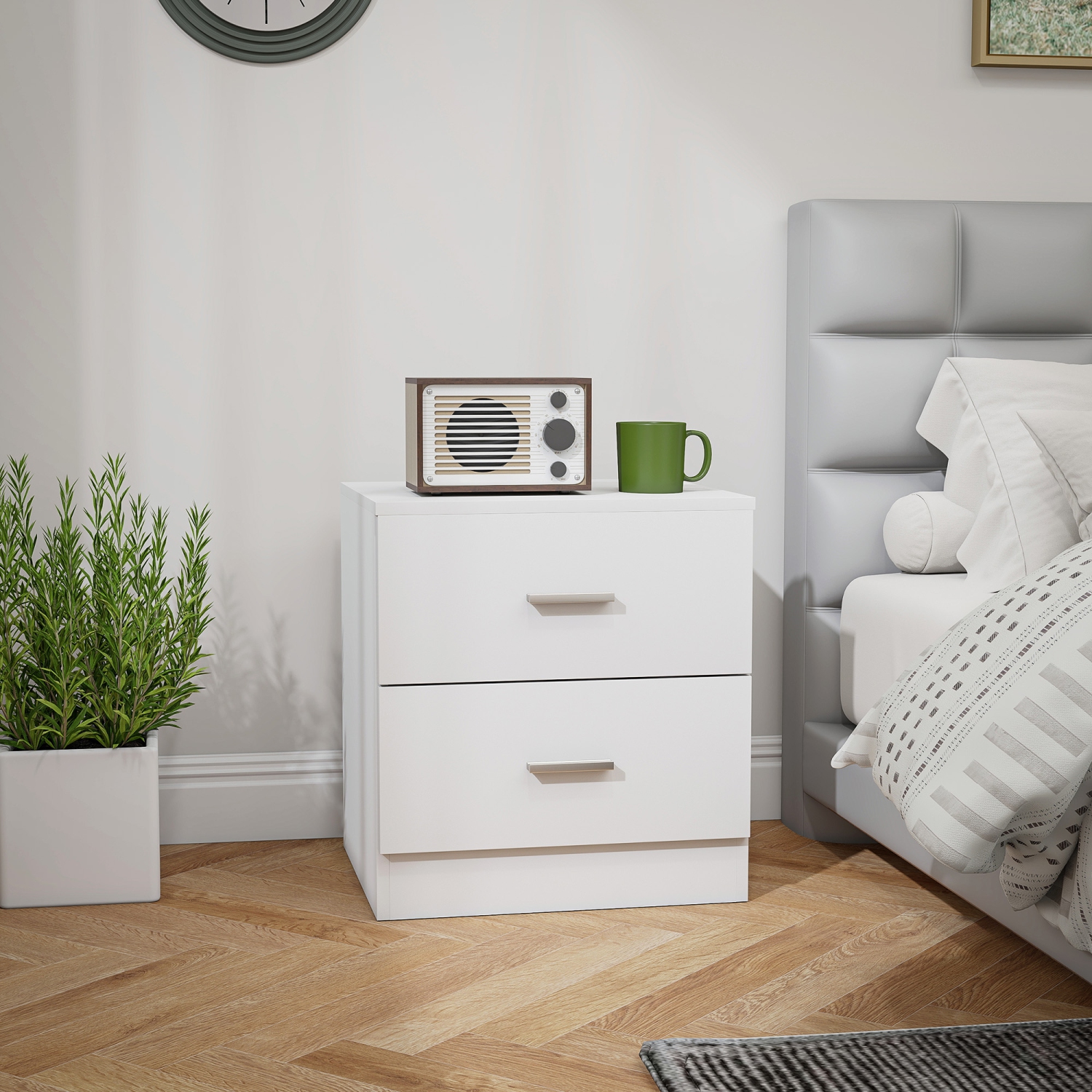 HOMCOM Bedside Table with 2 Drawers, Modern Nightstand, Cabinet Drawer Side Storage Unit for Bedroom, White